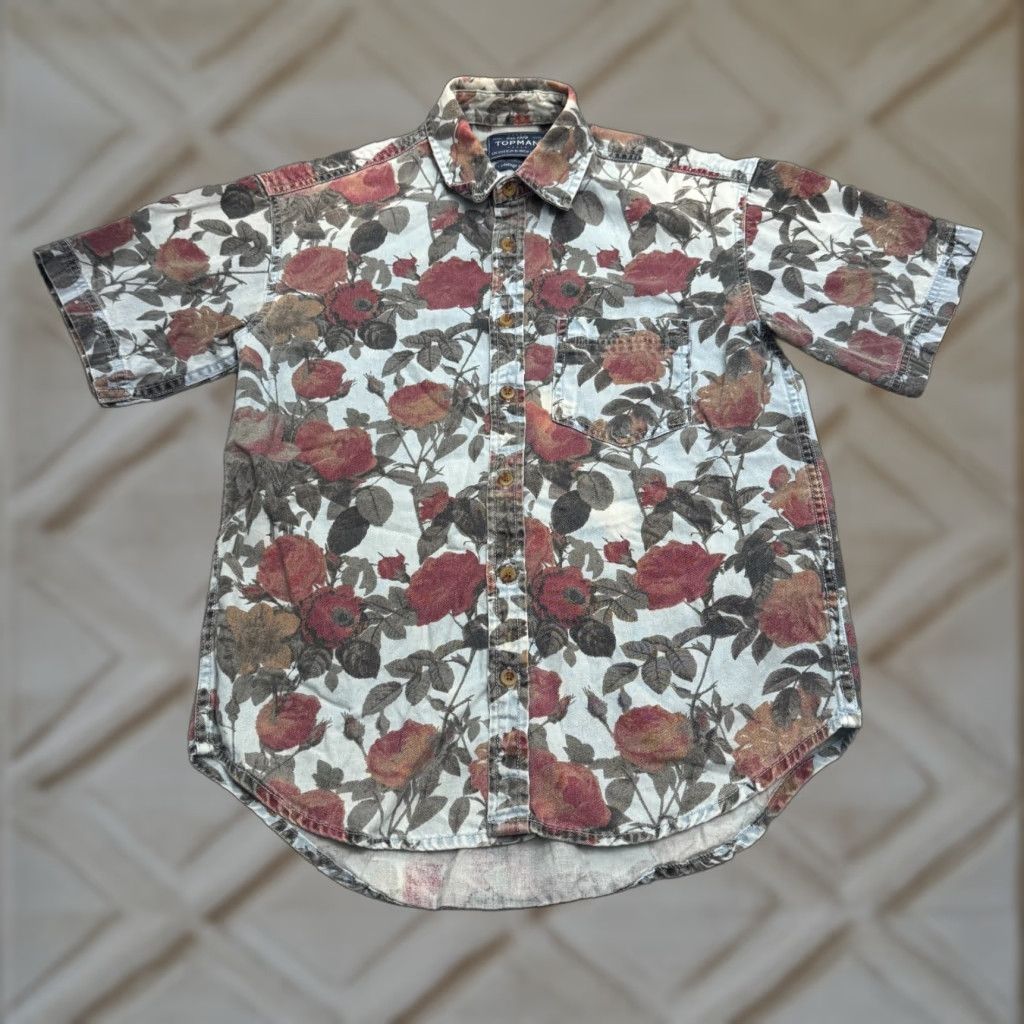 Topman VINTAGE Topman Floral Denim Shirt Men XXS Short Sleeve Casual Bohemian Hawaiian 90s Style Size US XXS / EU 40 - 1 Thumbnail