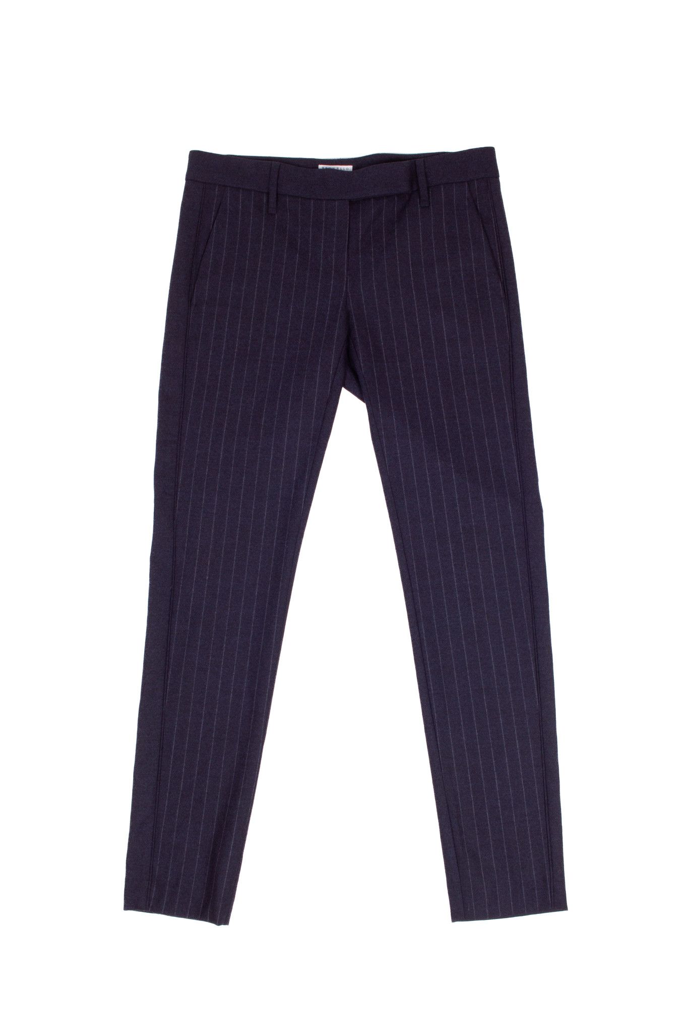 image of Brunello Cucinelli Navy Wool Blend Two-Side Stripe Pants, Women's (Size 30)