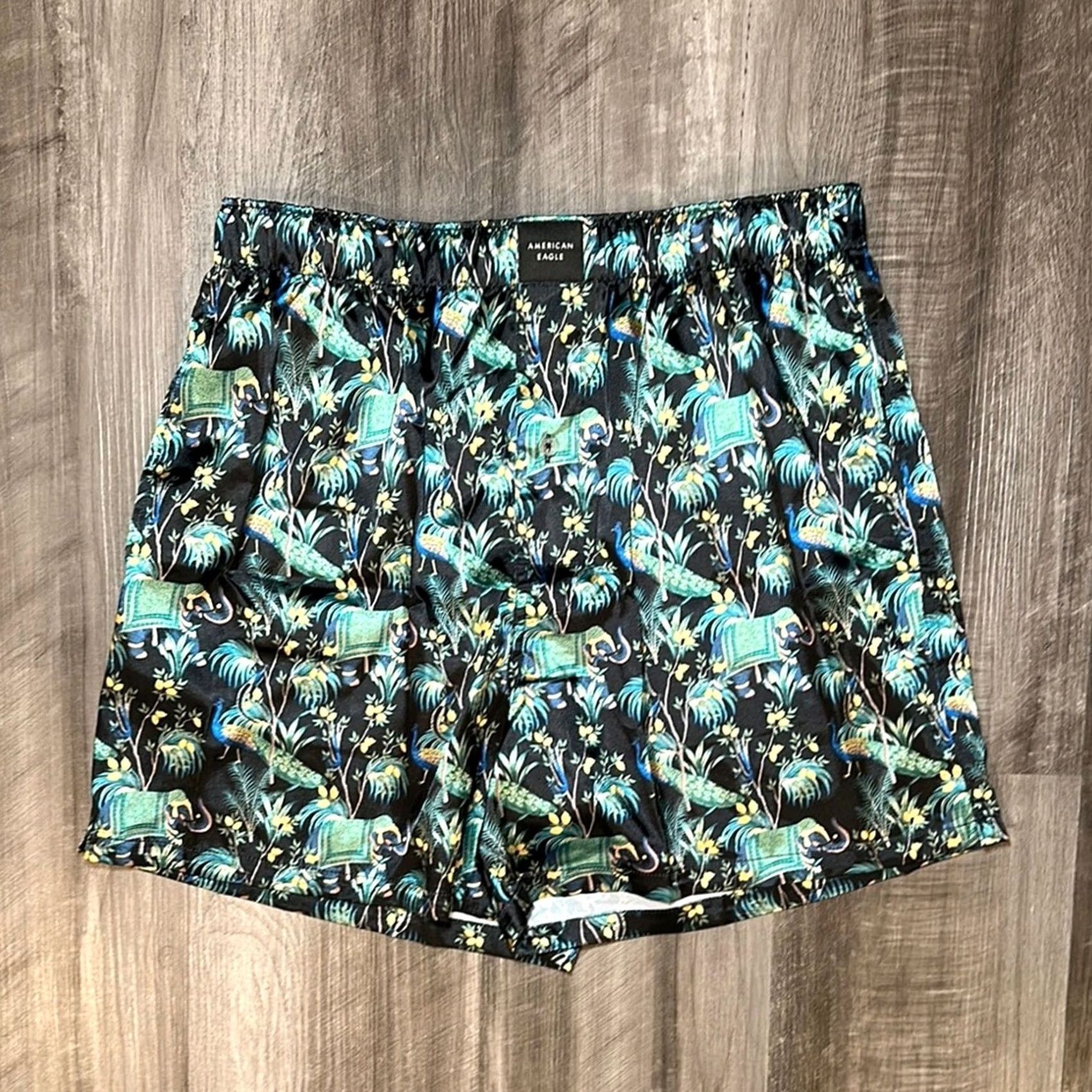 American Eagle Outfitters American Eagle Outfitters Boxer Shorts Satin Pocket 4” Peacock Elephant Black M Men Underwear Satin Pocket Boxer - Medium Size 40R - 2 Thumbnail