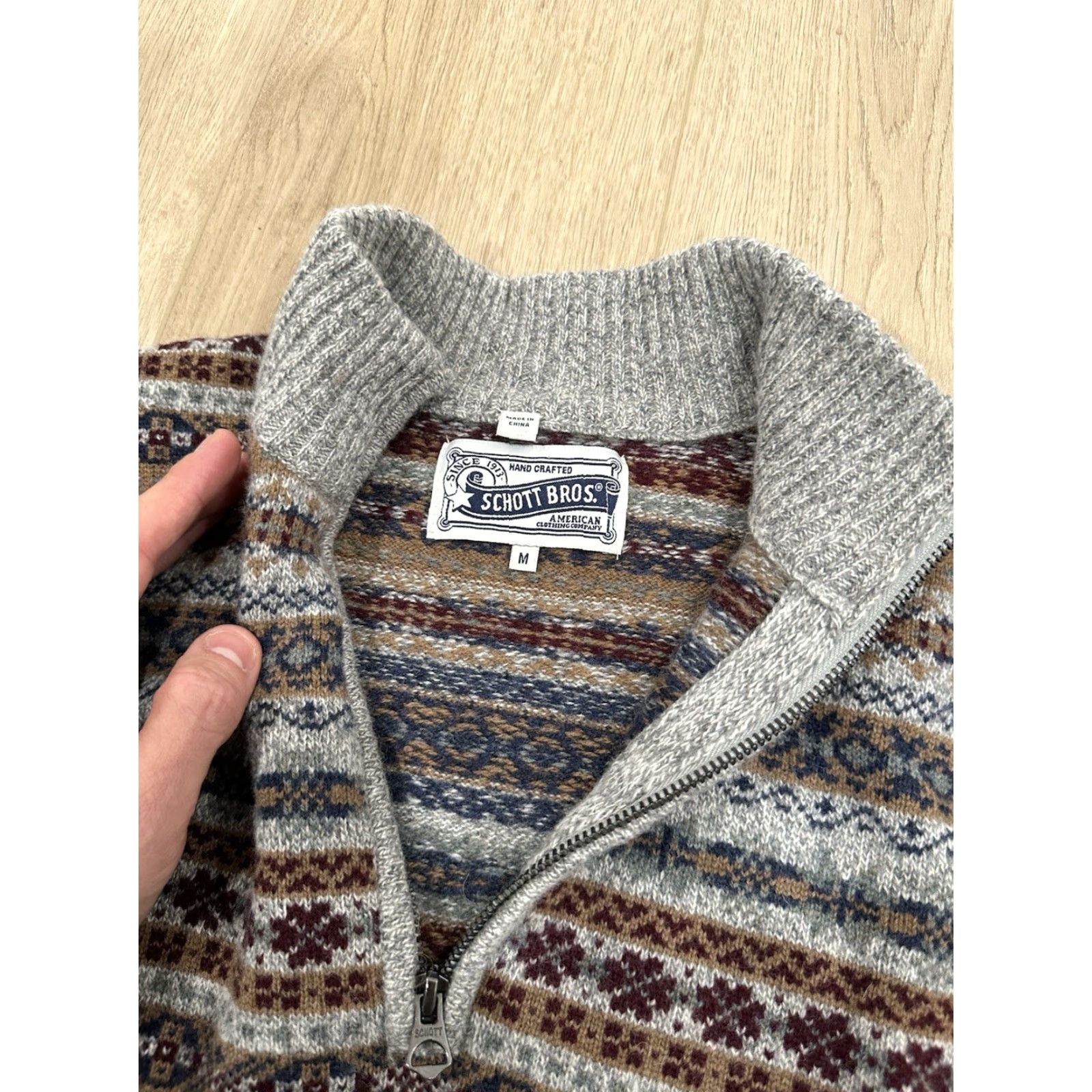 Schott Schott Bros Mens Medium Fair Isle Nordic Style 1/4 Zip Wool Blend Sweater Shirt Hoodie? Size US M / EU 48-50 / 2 - 5 Thumbnail