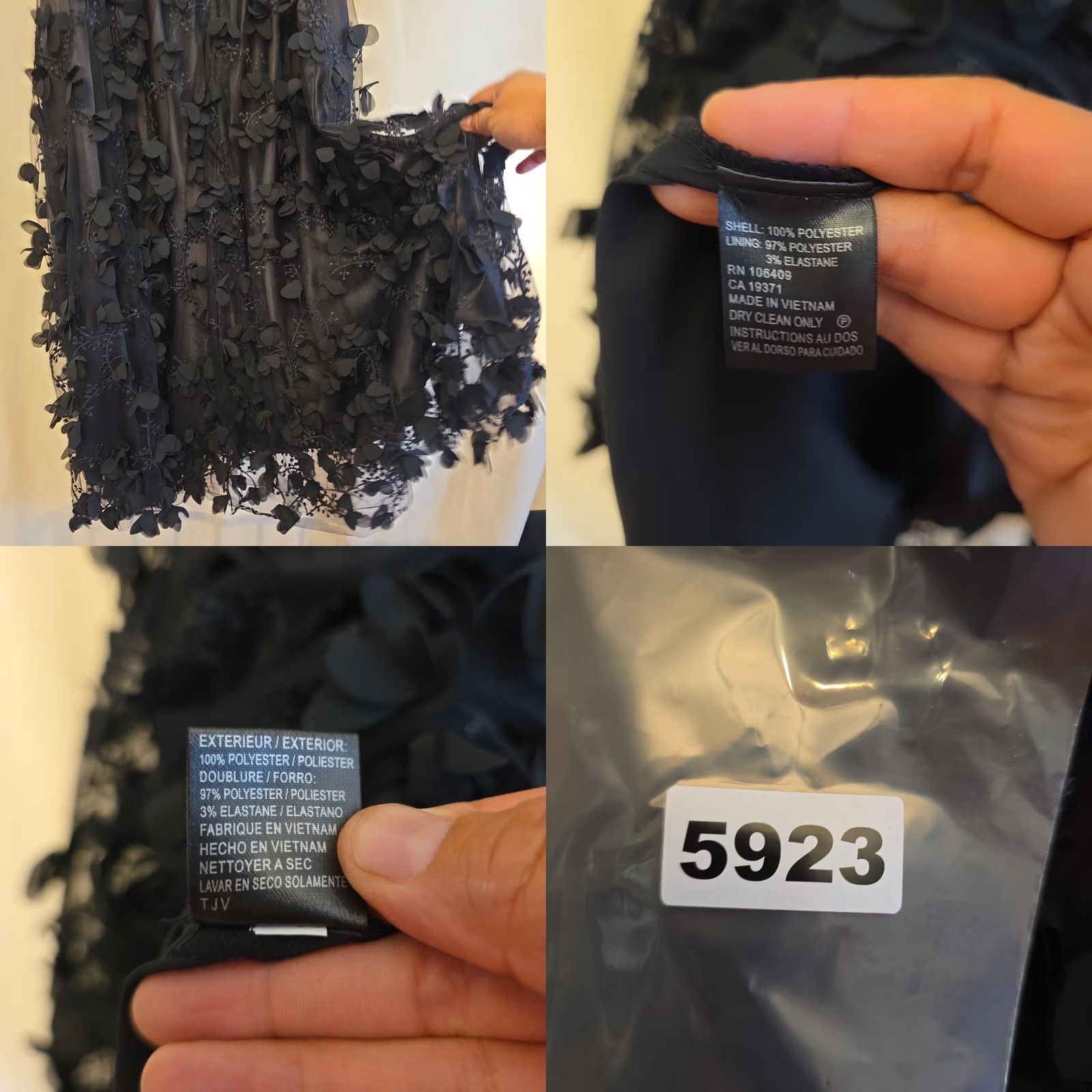 Vintage Tahari-Levine Studio Dress Womens 10 Black Tulle 3D Floral Beaded Belted Midi Size L / US 10 / IT 46 - 9 Thumbnail