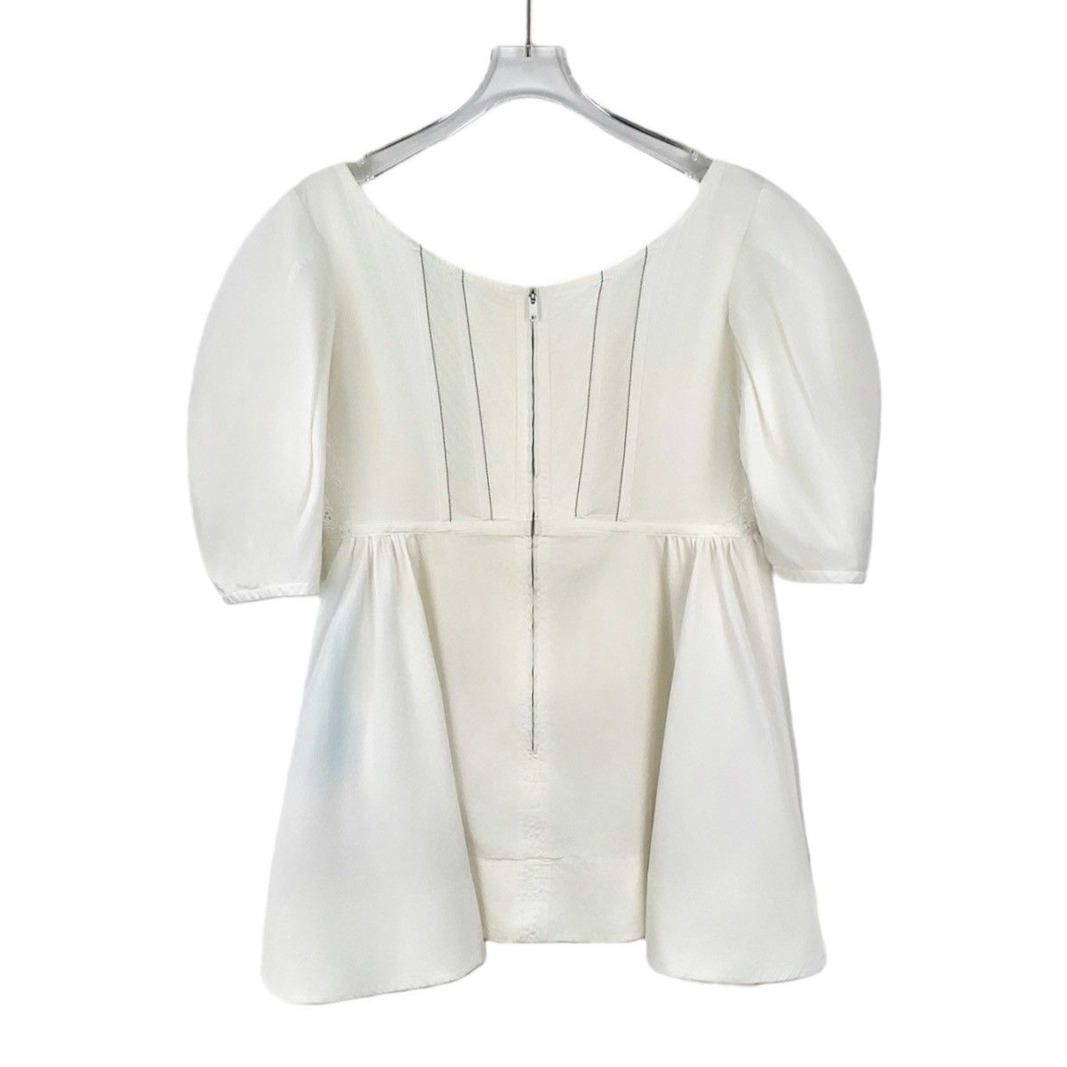 Celine Celine White Fishbone Cotton Crew Neck Puff Sleeve Top K26WX Size M / US 6-8 / IT 42-44 - 2 Thumbnail