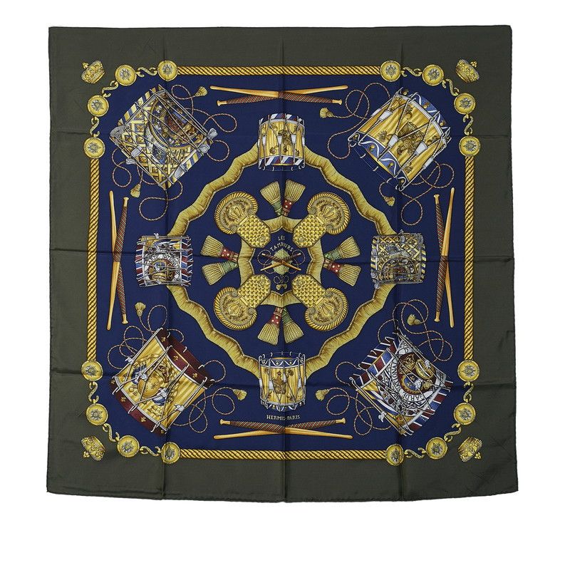 Hermes Hermes Hermes Silk Scarf Les Tambours Blue Khaki Canvas Scarf in Great Condition Size ONE SIZE - 1 Thumbnail