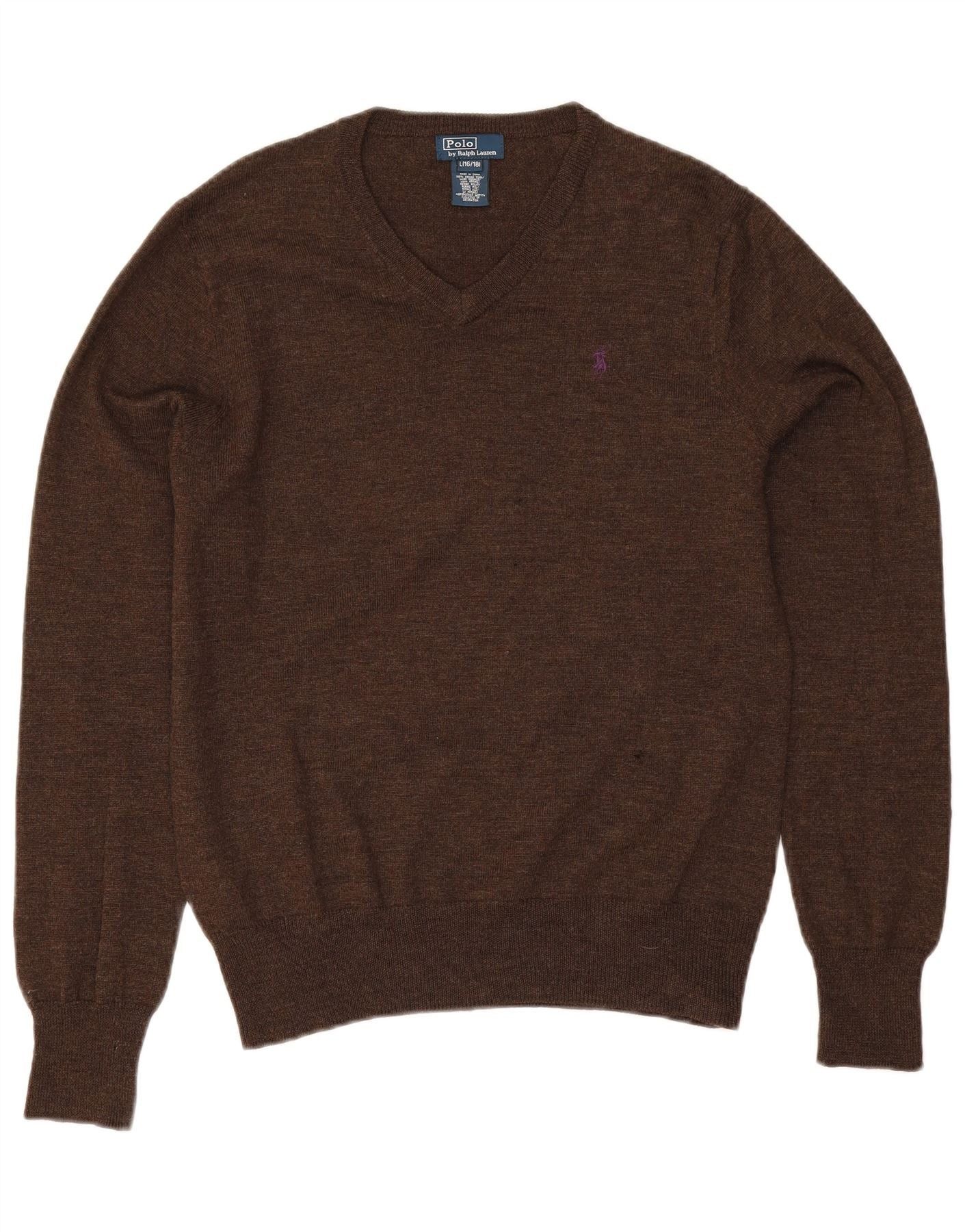 Polo Ralph Lauren Boys V-Neck Jumper Sweater 15-16 Years Large Brown Wool Size XL / US 12-14 / IT 48-50 - 1 Thumbnail