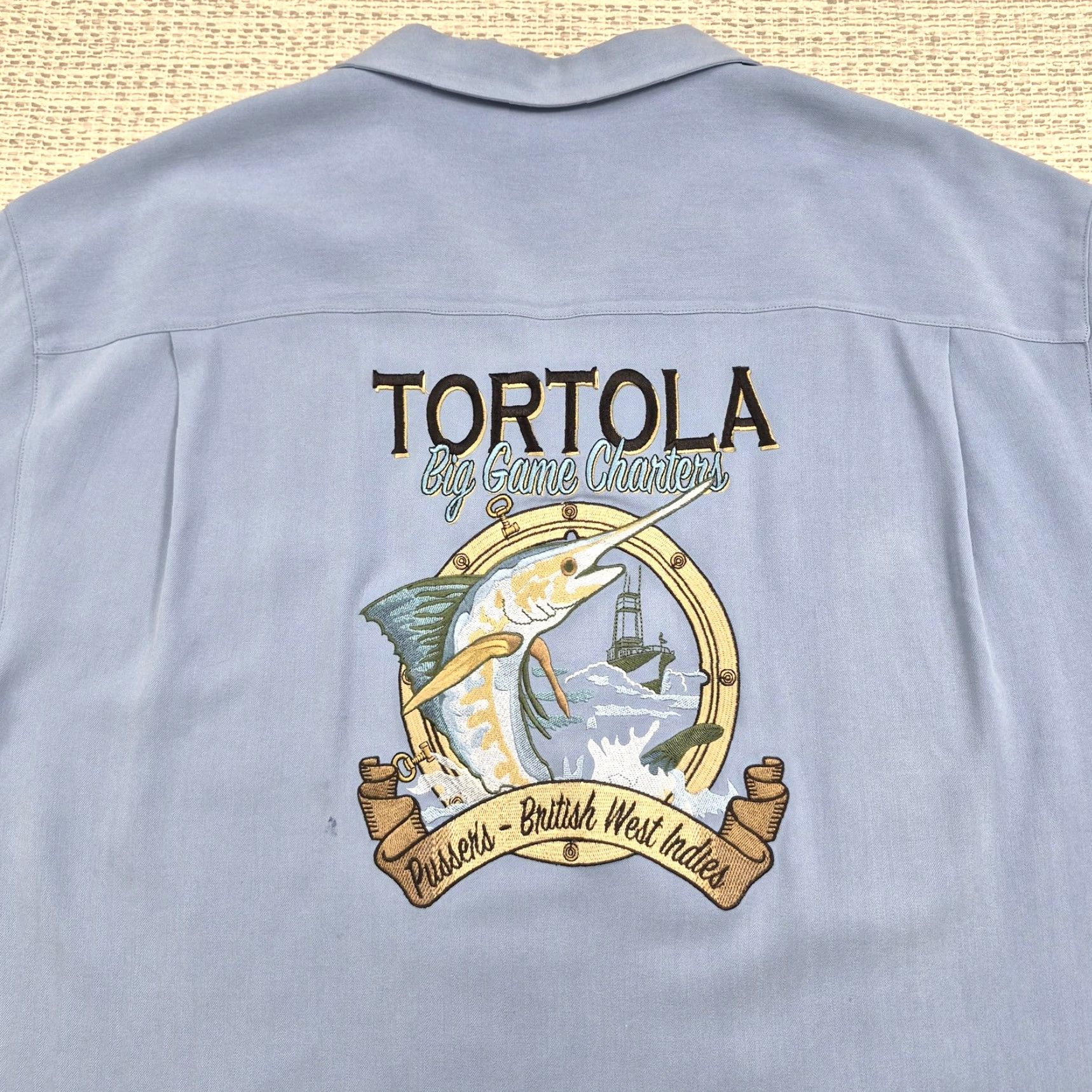 Vintage Pusser's Shirt Mens Large Blue Silk Tortola Big Game Charters Fish Embroidered Size US L / EU 52-54 / 3 - 2 Thumbnail