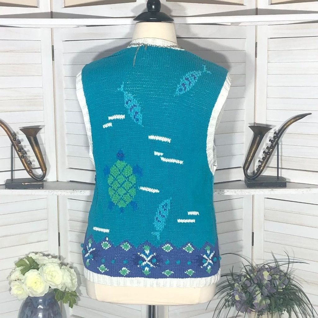 Vintage 90s granny's vest cotton knitted teal blue ocean theme XL Size XL / US 12-14 / IT 48-50 - 2 Thumbnail