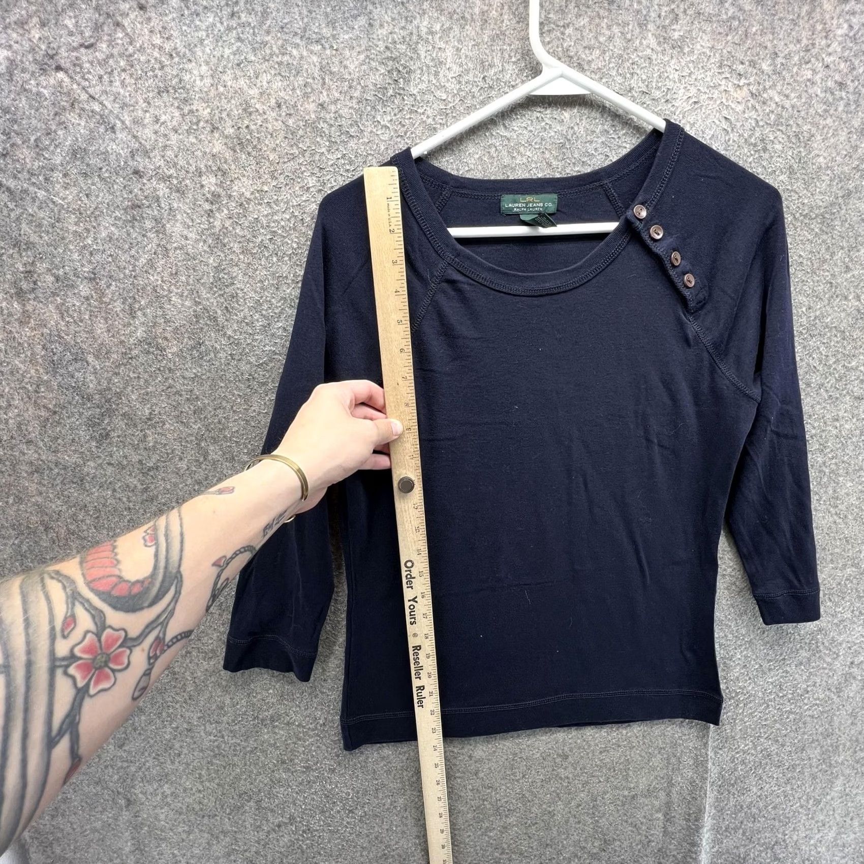 Vintage Lauren Jeans Co. Ralph Lauren Shirt Womens M Button Shoulder 3/4 Sleeve Top Blue Navy Raglan Casual Shirt Women Size M / US 6-8 / IT 42-44 - 3 Thumbnail