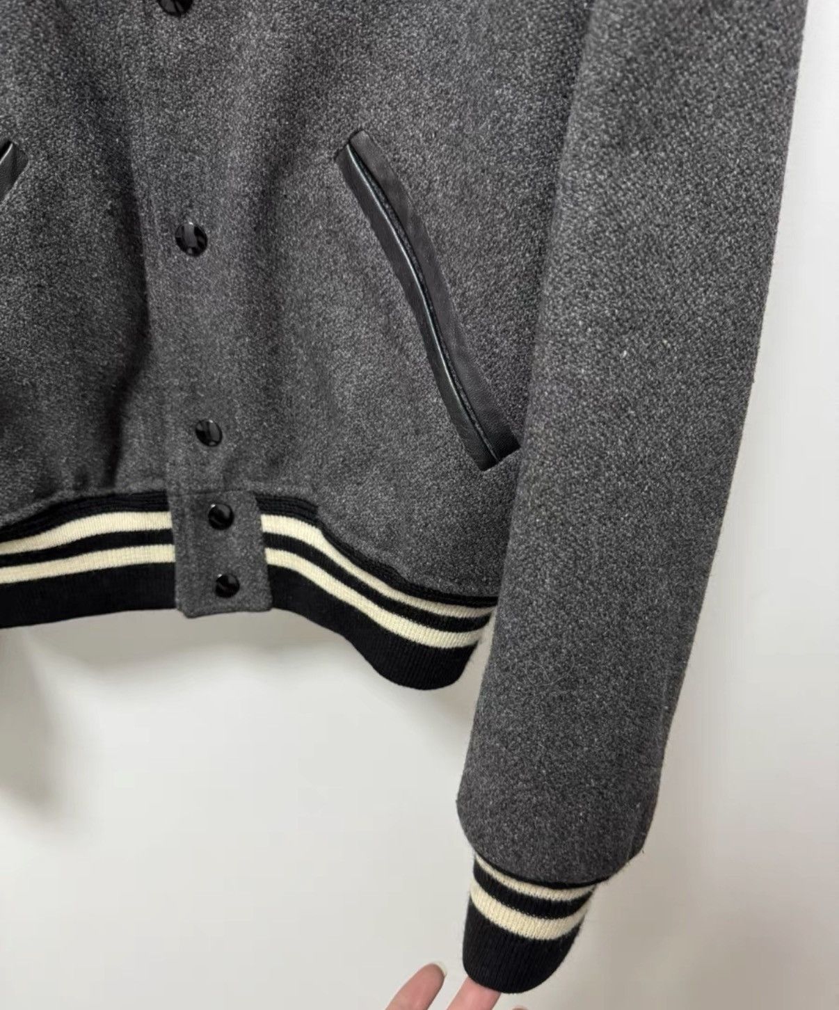 Saint Laurent Paris Saint Laurent Snowflake-Print Leather-Paneled Varsity Jacket Size US L / EU 52-54 / 3 - 5 Thumbnail