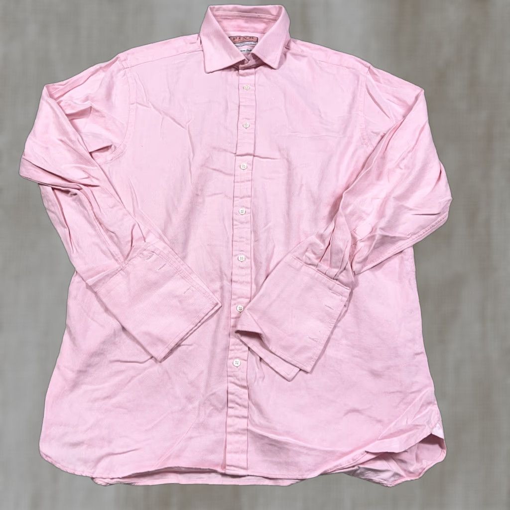 Pinko Thomas Pink Shirt Men 16.5 35 Pink Button Up French Cuff Herringbone Twill Dress Shirt Mens Size 42R - 1 Thumbnail