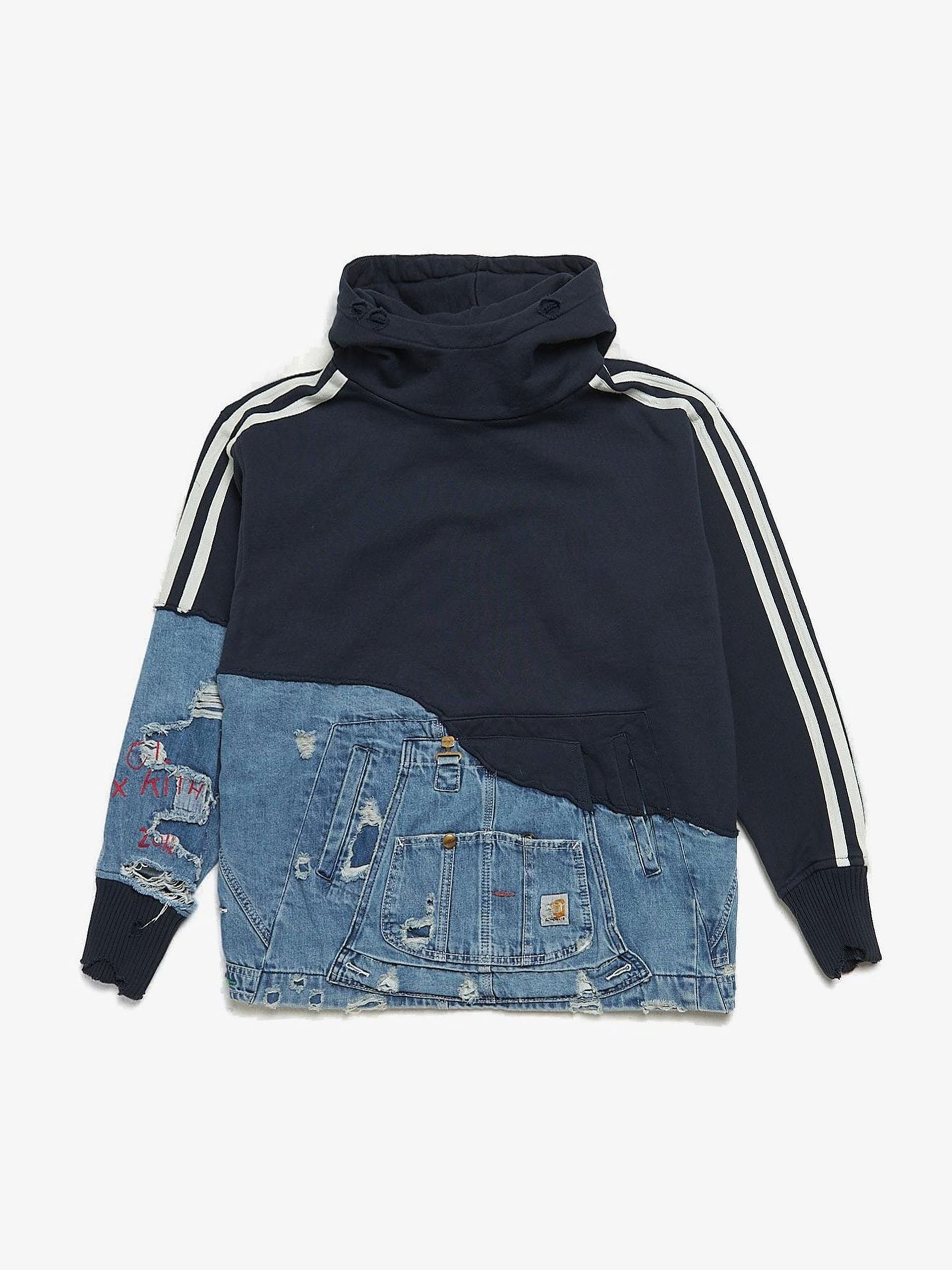 Greg Lauren Navy Denim Patched Striped Distressed Cotton Hoodie Size US S / EU 44-46 / 1 - 1 Thumbnail
