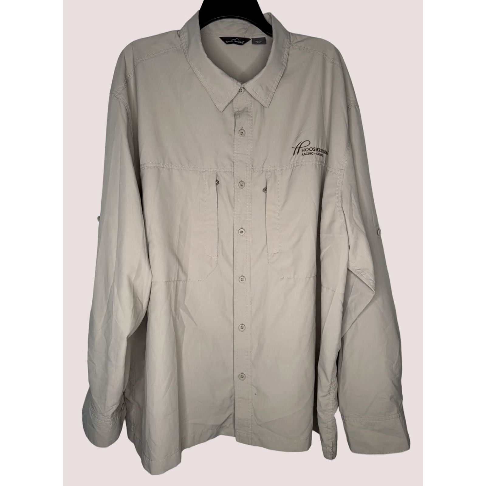 Eddie Bauer VINTAGE Eddie Bauer 3XL Shirt Men Beige Polyester Pockets Embroidered Gambling Horse Racing Hoosier Park Casino Racing Safari Button-Up Long Sleeve Size US XXL / EU 58 / 5 - 1 Thumbnail