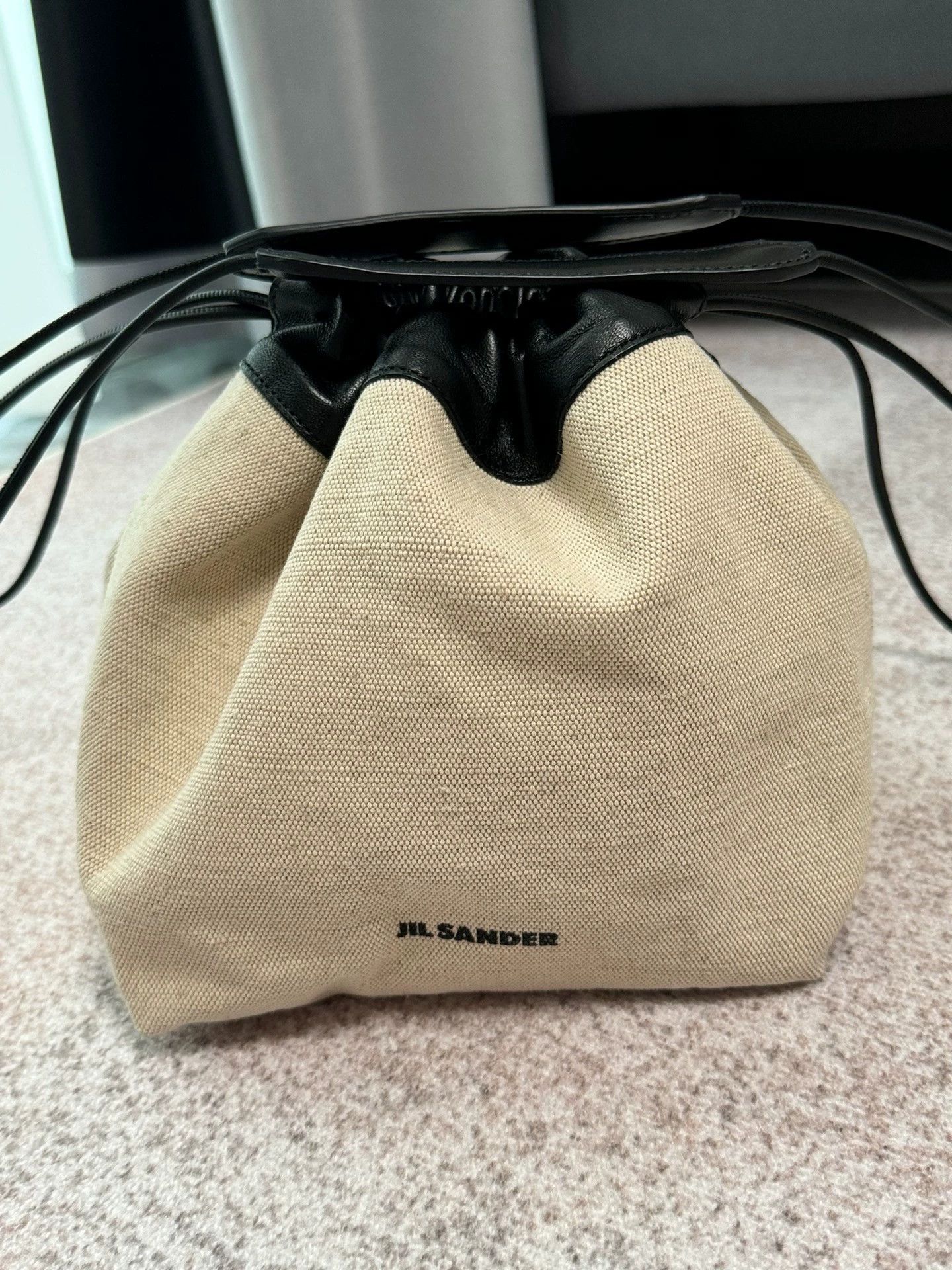 Jil Sander JIL SANDER White/Black Canvas Lambskin Drawstring Bag Size ONE SIZE - 4 Thumbnail