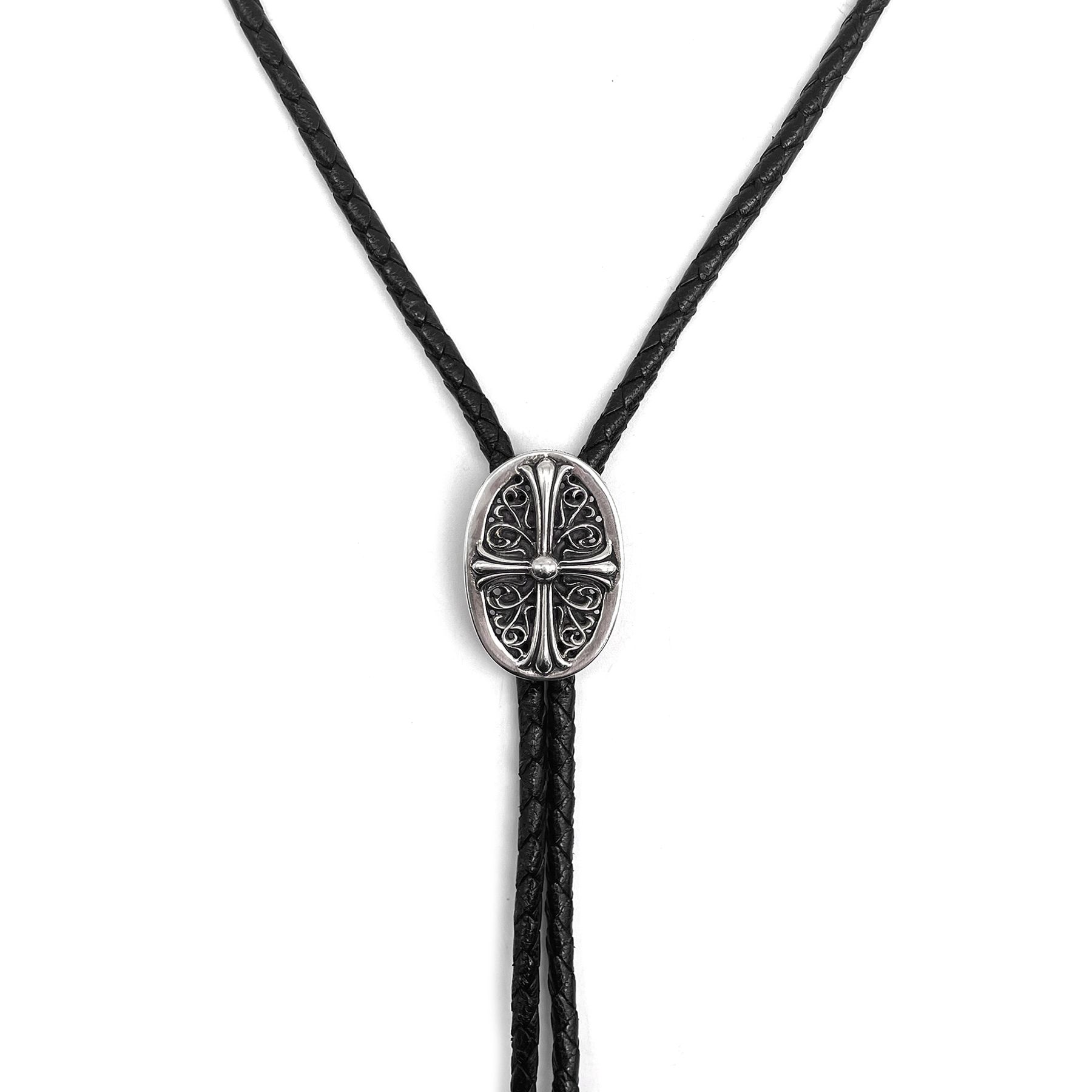 Pre-owned Chrome Hearts Cross Leather Bolo Tie Necklace In Silver