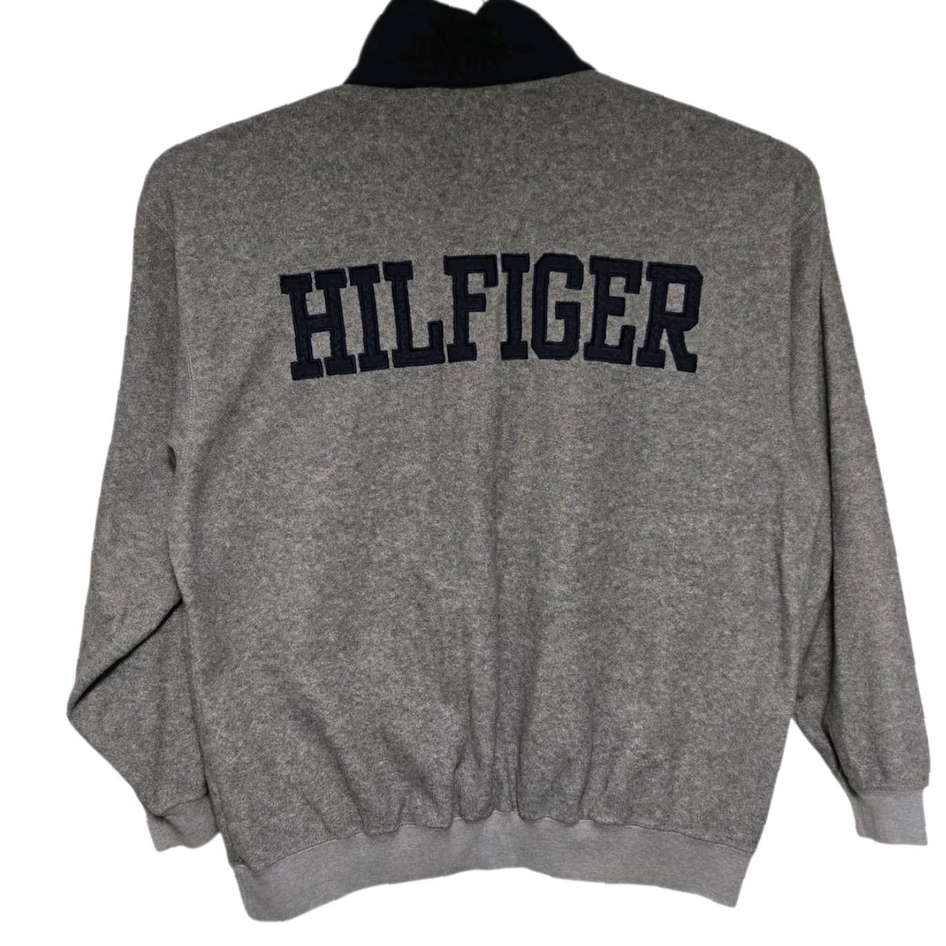 Tommy Hilfiger VTG Tommy Hilfiger Mens 1/4 Zip Fleece Pullover XL Hilfiger Lettering On Back Sweatshirt Gray Cotton Blend Zip Embroidered Logo Size US XL / EU 56 / 4 - 3 Thumbnail