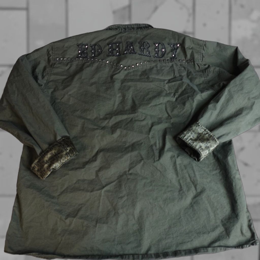 Ed Hardy Shirt 3XL Green Olive Western Pearl Snap Flip Cuff Double Sided Long Sleeve Button-Up Mens