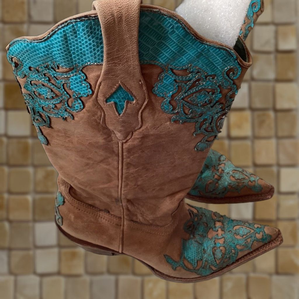 Vintage Corral Boots Brown Blue Leather Cowboy Boots Women Size 8M Western Casual Cowgirl Block Heel Shoes