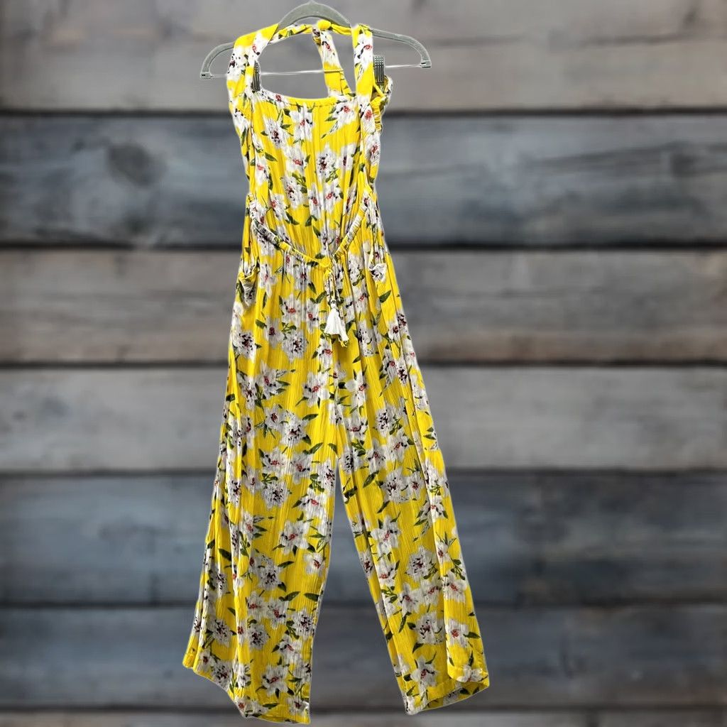 Vintage Blue Island Jumpsuit Womens L Yellow Rayon Tropical Floral Halter Wide Leg Crepe Size 36" / US 14 / IT 50 - 1 Thumbnail