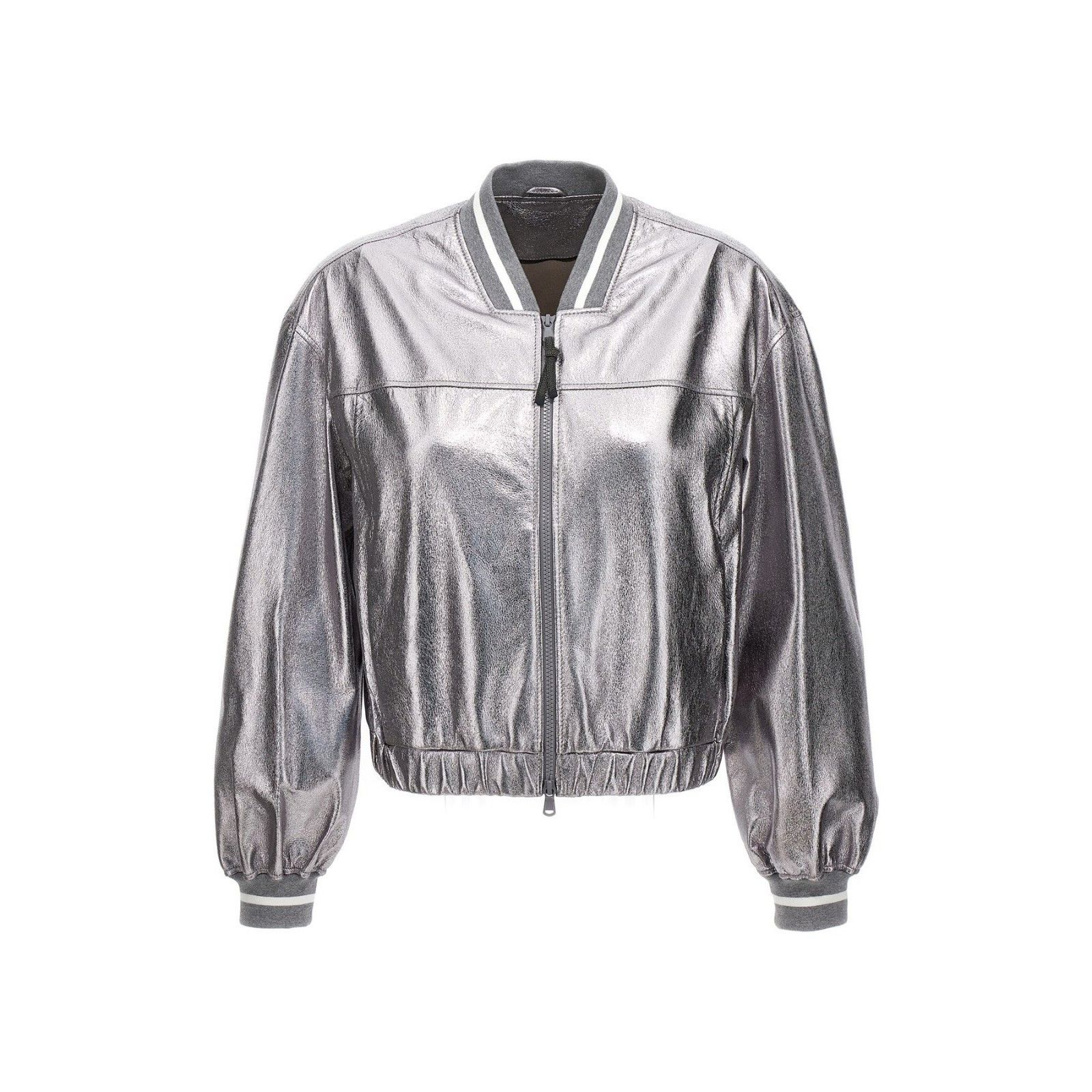 Brunello Cucinelli BRUNELLO CUCINELLI Silver Shiny Leather Bomber Jacket New & Size M / US 6-8 / IT 42-44 - 1 Thumbnail