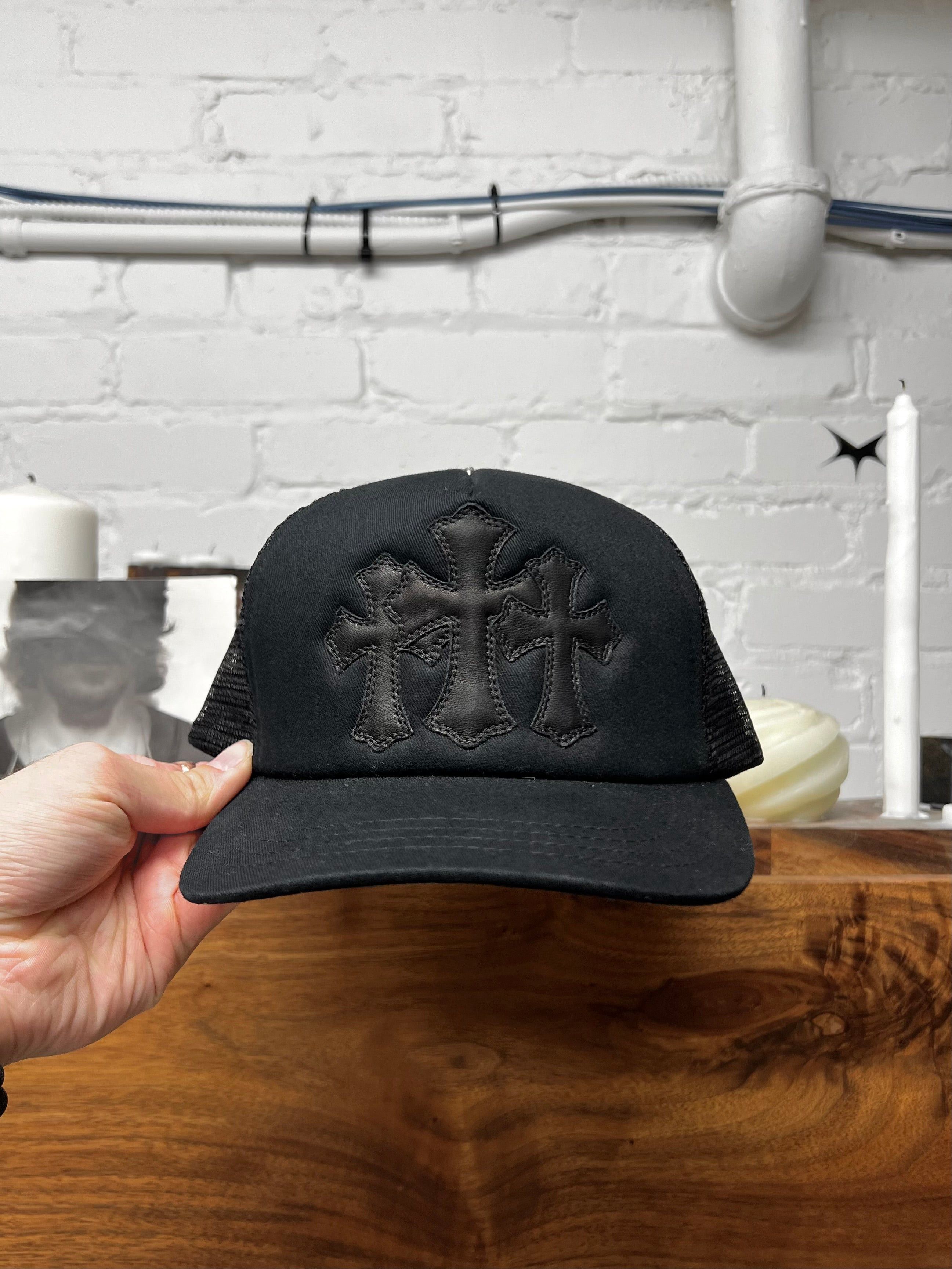Chrome Hearts Chrome Hearts Leather ‘Cemetery’ Triple Cross Patch Snap Back Hat Size ONE SIZE - 1 Thumbnail