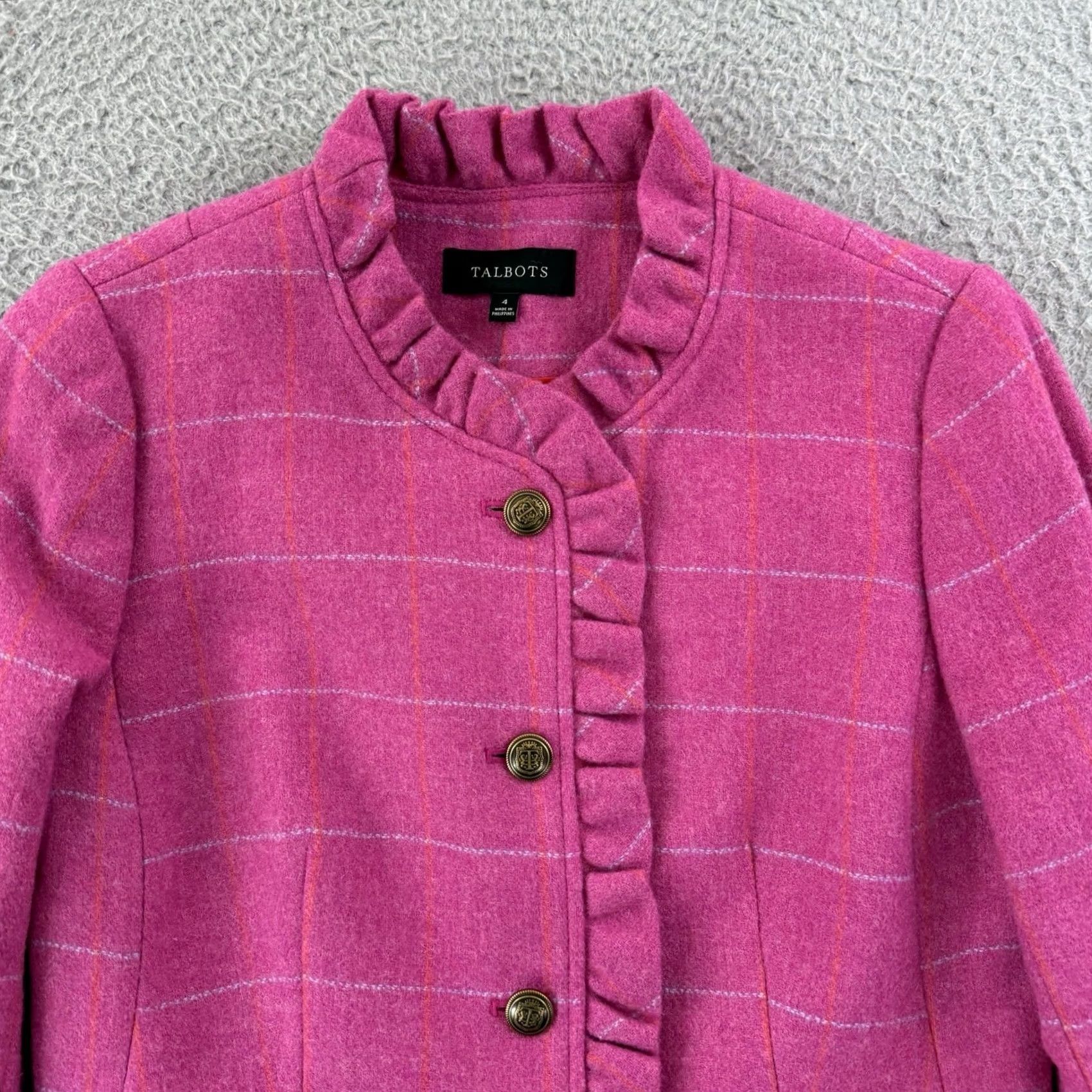 Talbots Talbots Blazer Women's 4 Pink Check Wool Blend Ruffle NWT Business Preppy Jacket Short Sleeve Vintage: No Men's Women’s? Size S / US 4 / IT 40 - 3 Thumbnail