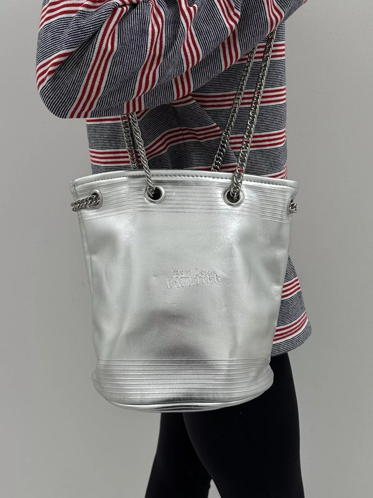 jean paul gaultier silver bucket bag PU metallic handbag