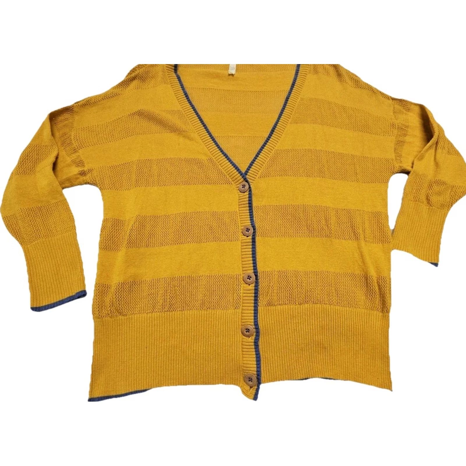 Vintage Matilda Jane Joanna Gaines Mustard Cardigan Womens Large Open Knit Cottagecore Cardigan V-Neck Striped Button Cotton Blend Yellow Knit Sweater Size L / US 10 / IT 46 - 4 Thumbnail