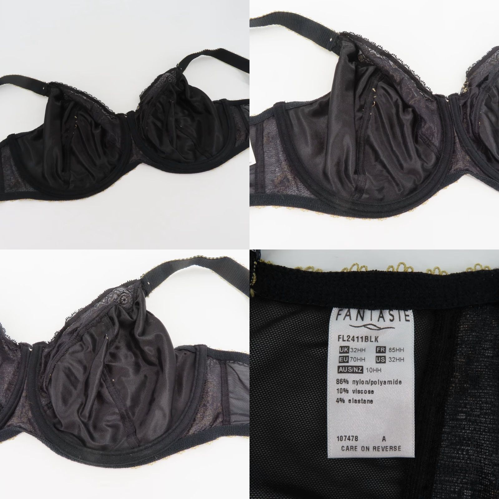 Vintage Fantasie Bra 32HH Black Floral Underwired Bow Style FL2411BLK Bra Women HH Flower T-Shirt 32 Black Womens Size ONE SIZE - 8 Thumbnail