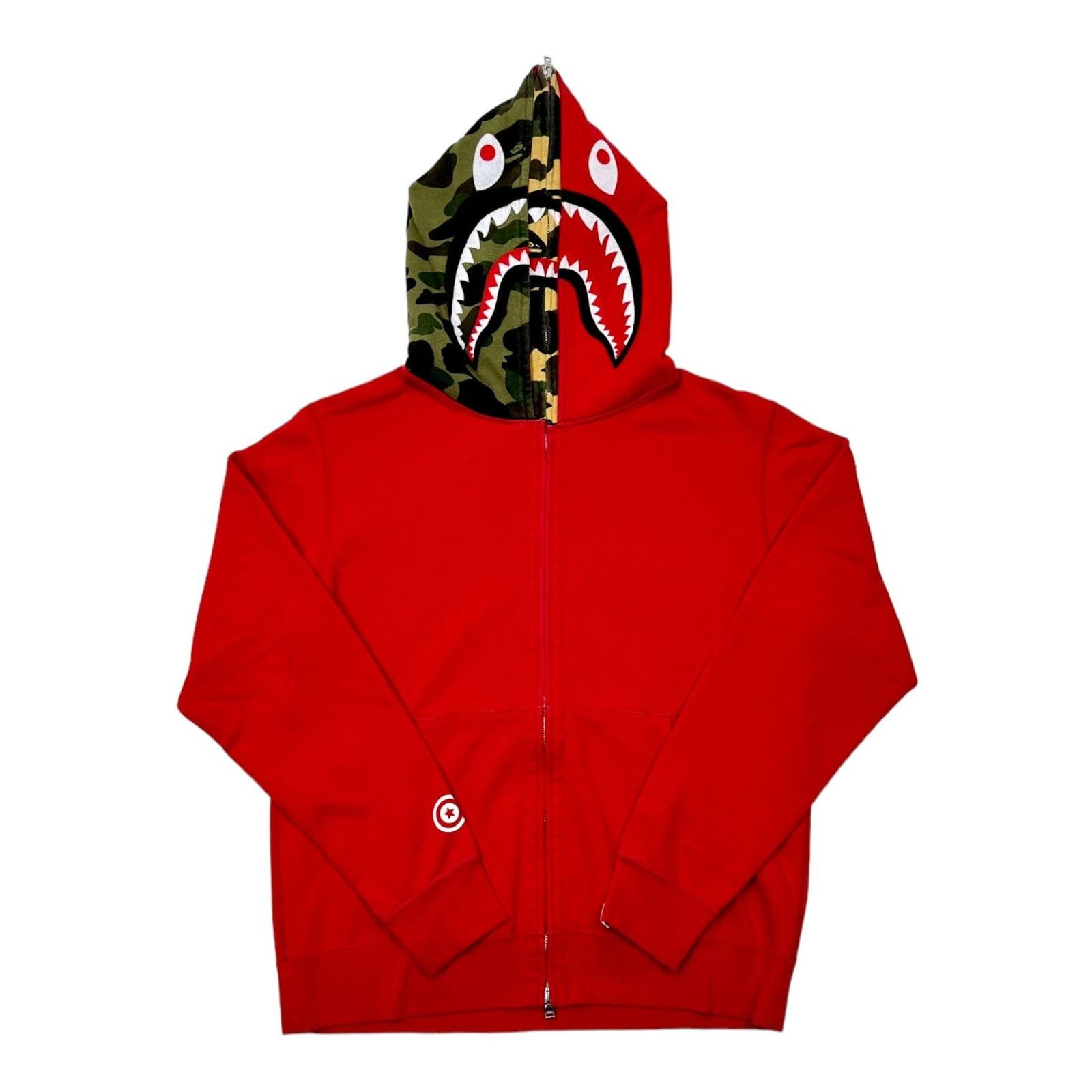 image of Bape Shark Full Zip Double Hooded Sweatshirt Red Pre-Owned, Men's (Size XL)