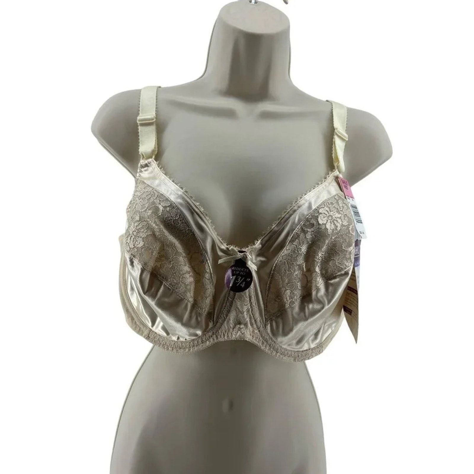 Vintage Bali Bra 3362 Minimizer Shiny Satin Lace Full in Beige, Women's