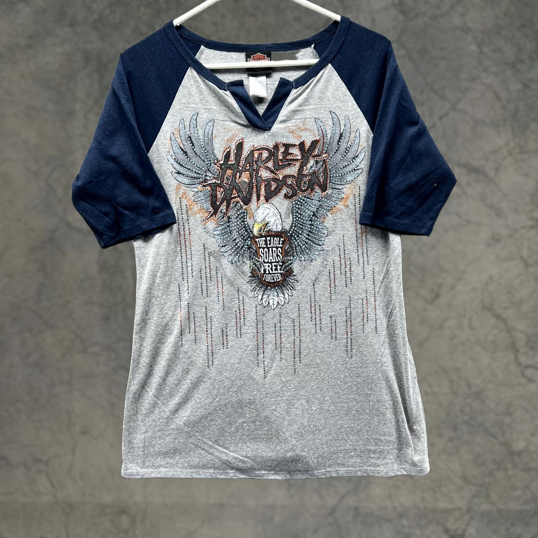 Harley Davidson VINTAGE Harley-Davidson Shirt Womens XL Gray Blue Raglan Rhinestone Eagle Graphic Size XL / US 12-14 / IT 48-50 - 1 Thumbnail