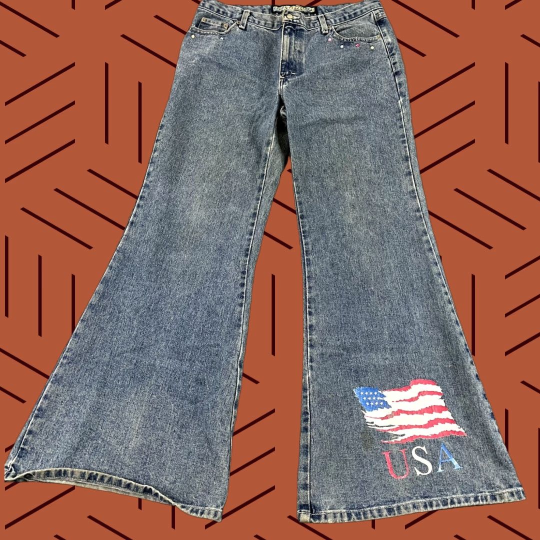 Denime NOTHING Jeans Womens Blue Wide Flared Denim USA Flag Patriotic Y2K 14 Regular Jeans Women's Size 14 Blue USA Patch? Size 36" / US 14 / IT 50 - 1 Thumbnail