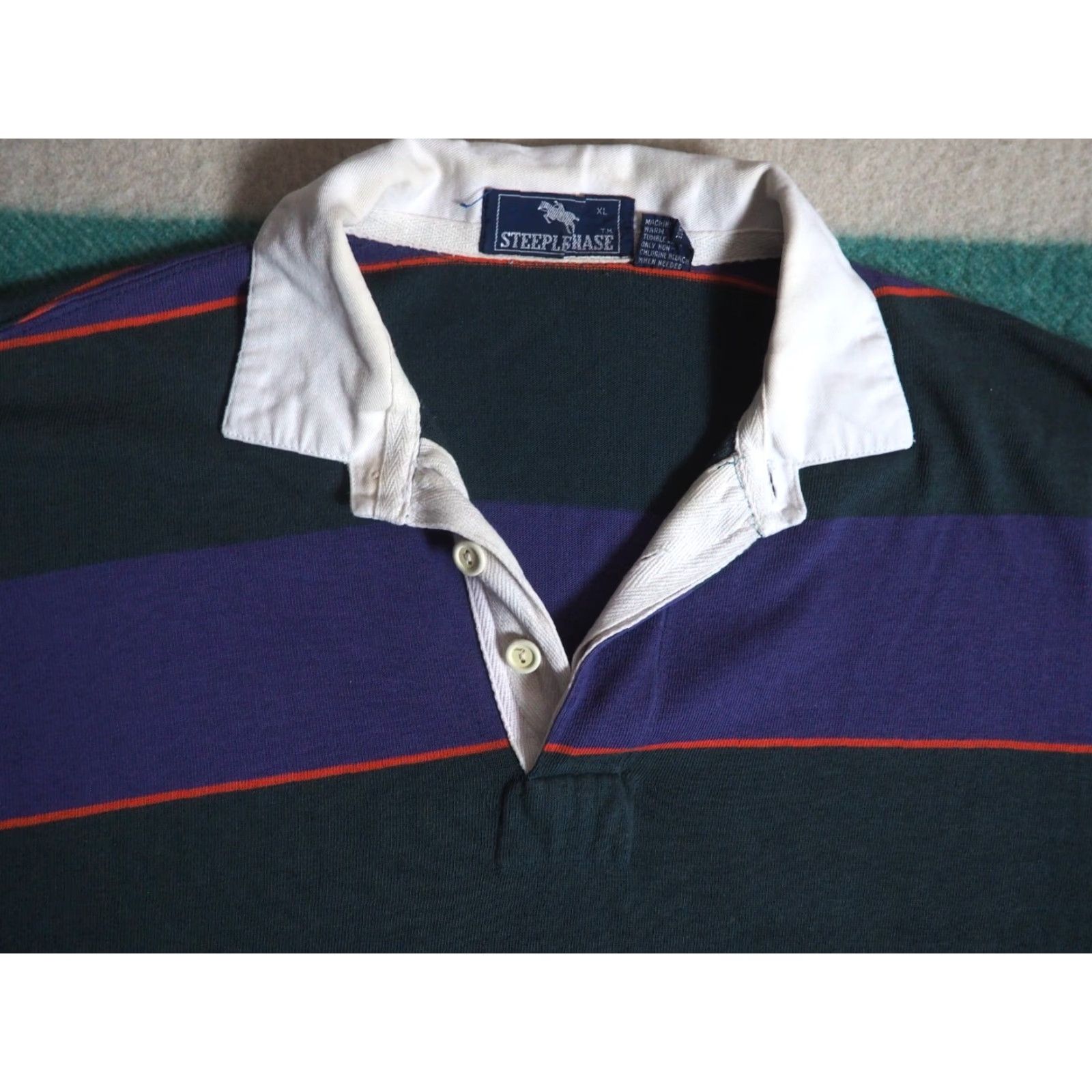 Vintage VTG 80s Steeplechase Purple Green Striped Pullover Rugby Polo L/S Shirt Mens L Size US L / EU 52-54 / 3 - 2 Thumbnail