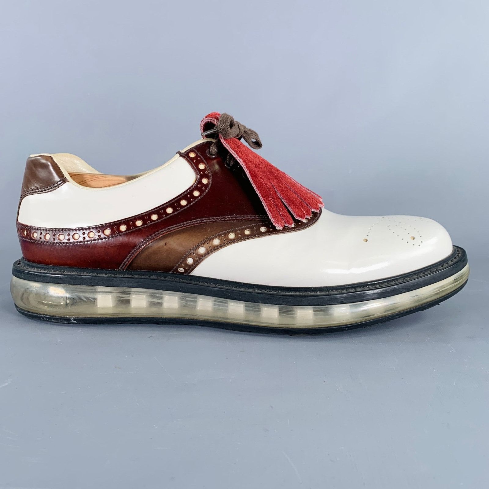 Prada Size 12 White Burgundy Perforated Leather Lace-Up Shoes Size US 12 / EU 45 - 2 Thumbnail