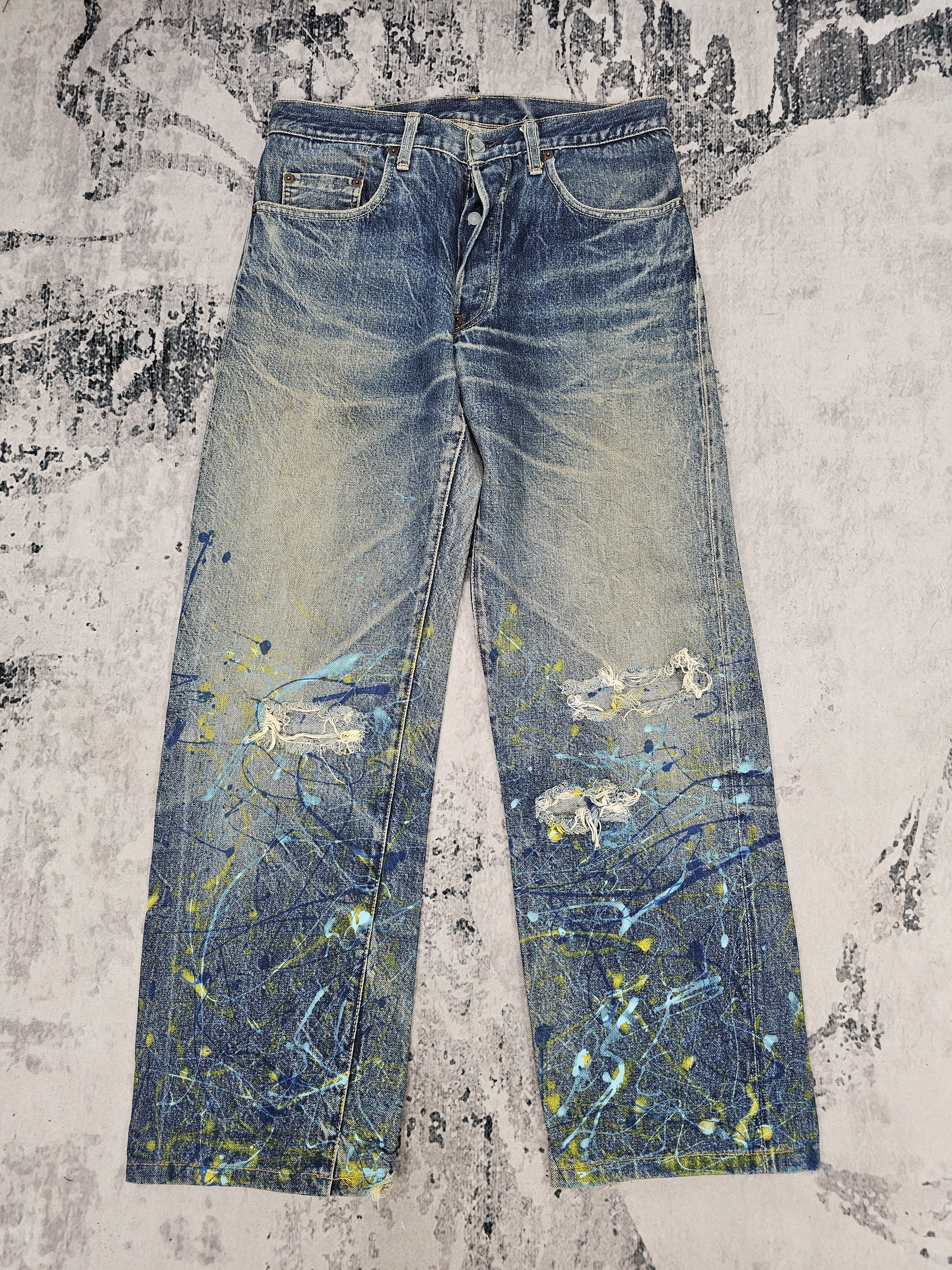 Japanese Brand ACOUSTIC Selvedge Redline Paint Splash Ripped Jeans JB0315 Size US 32 / EU 48 - 1 Thumbnail