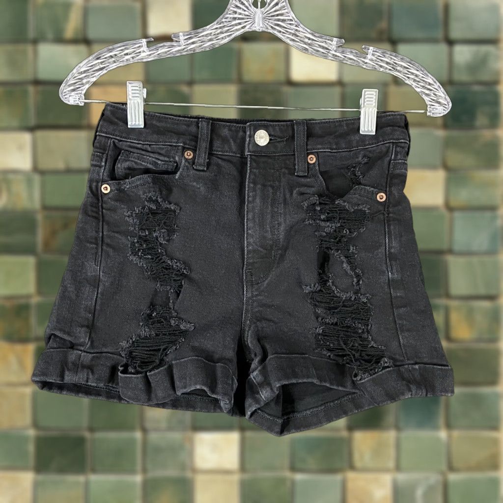American Eagle Outfitters AMERICAN EAGLE Stretch Mom Short Distressed Black Denim Shorts Women’s 0 Size 25" / US 0 / IT 36 - 1 Thumbnail