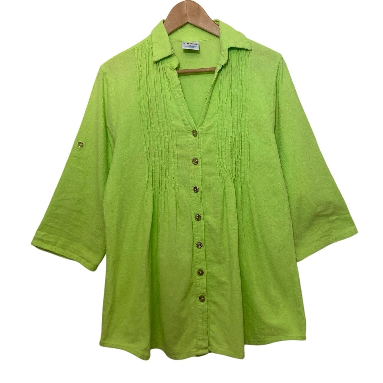 Other Dunes Lime Green Shell Button Long Shirt Textured Blouse Top Size L / US 10 / IT 46 - 1 Thumbnail