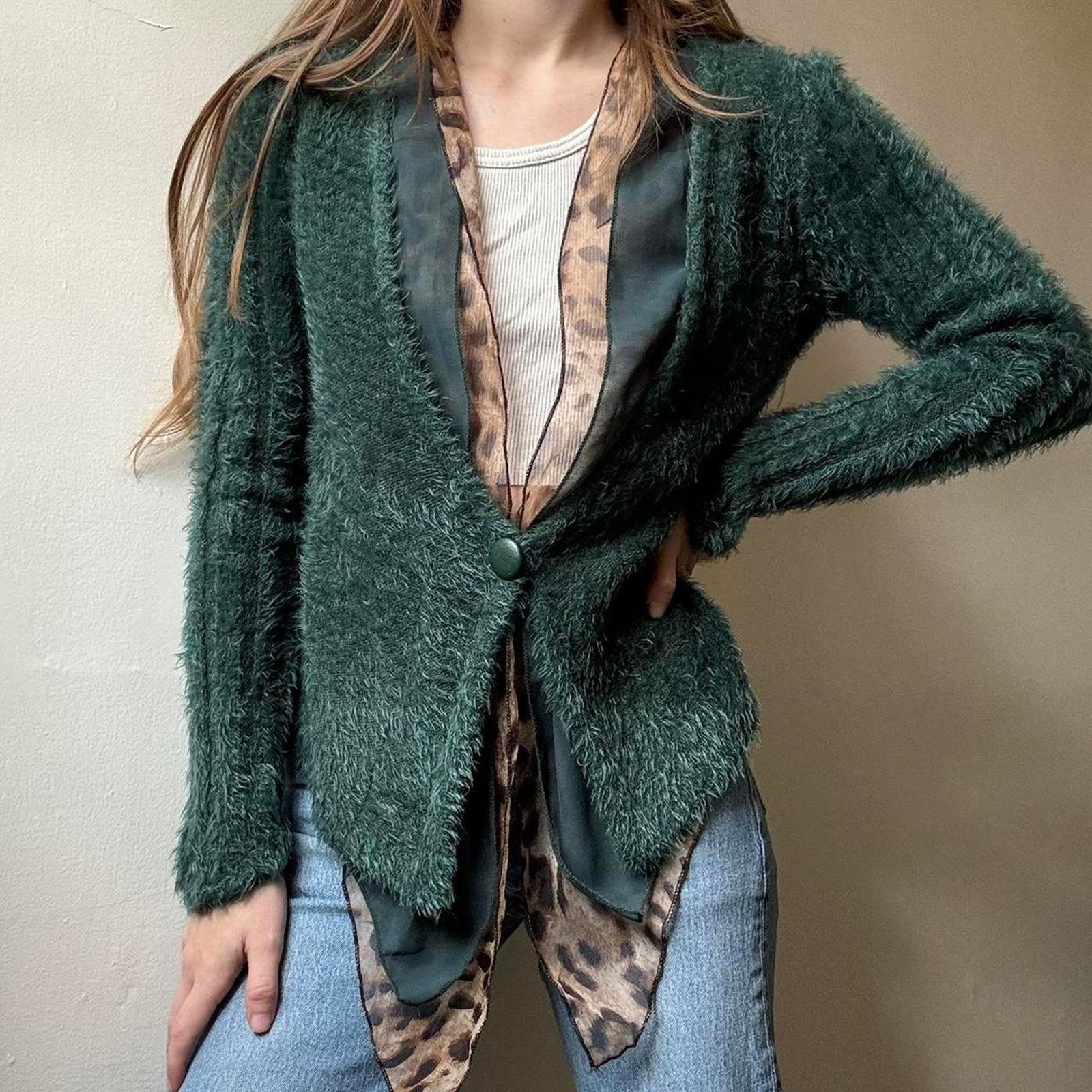 Vintage Vintage Unbranded Green Fuzzy Cheetah Print Cardigan Small Size S / US 4 / IT 40 - 2 Thumbnail