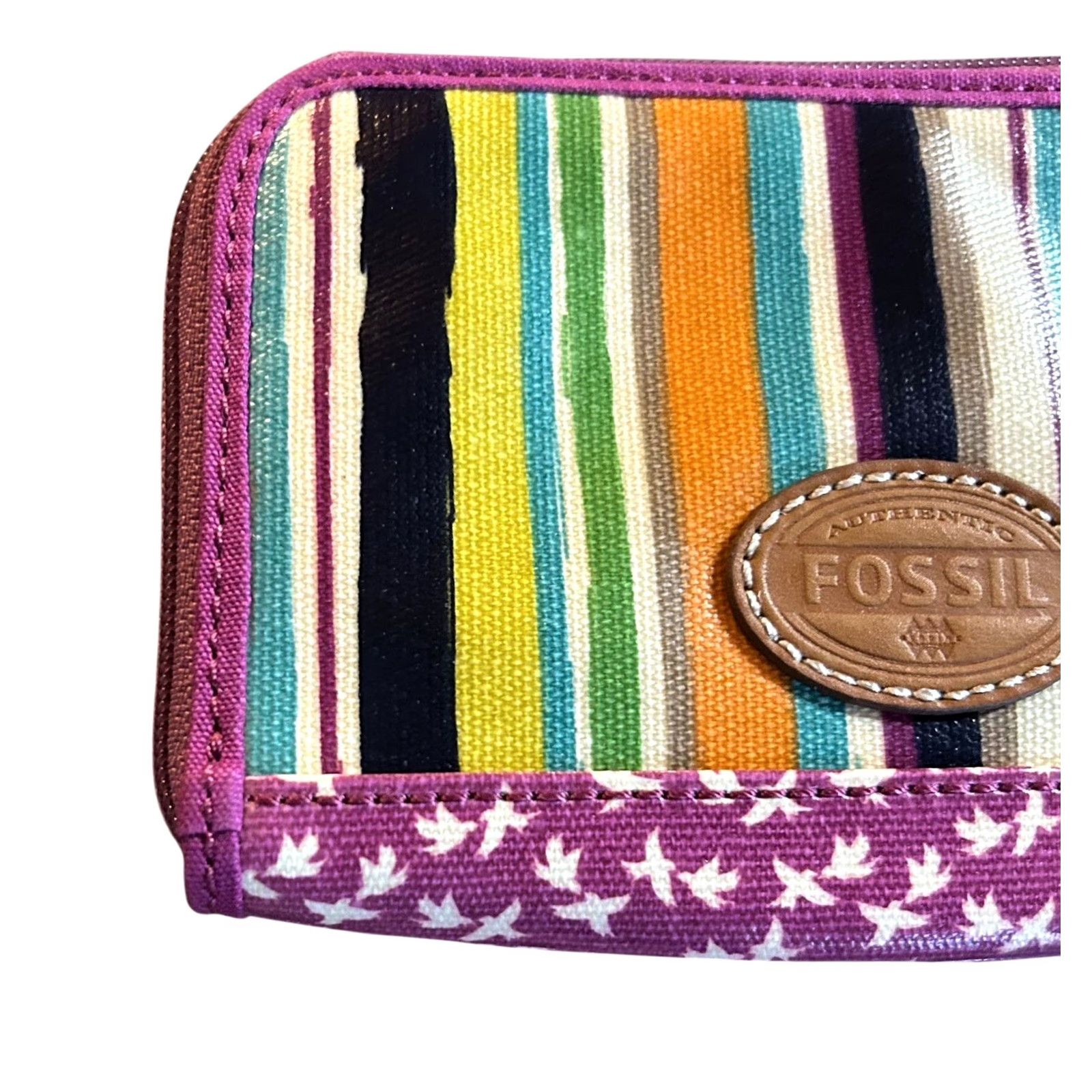 Fossil VINTAGE Fossil Purple Striped Birds Coated Canvas Leather Trim Wristlet Wallet Women NWT Size ONE SIZE - 5 Thumbnail