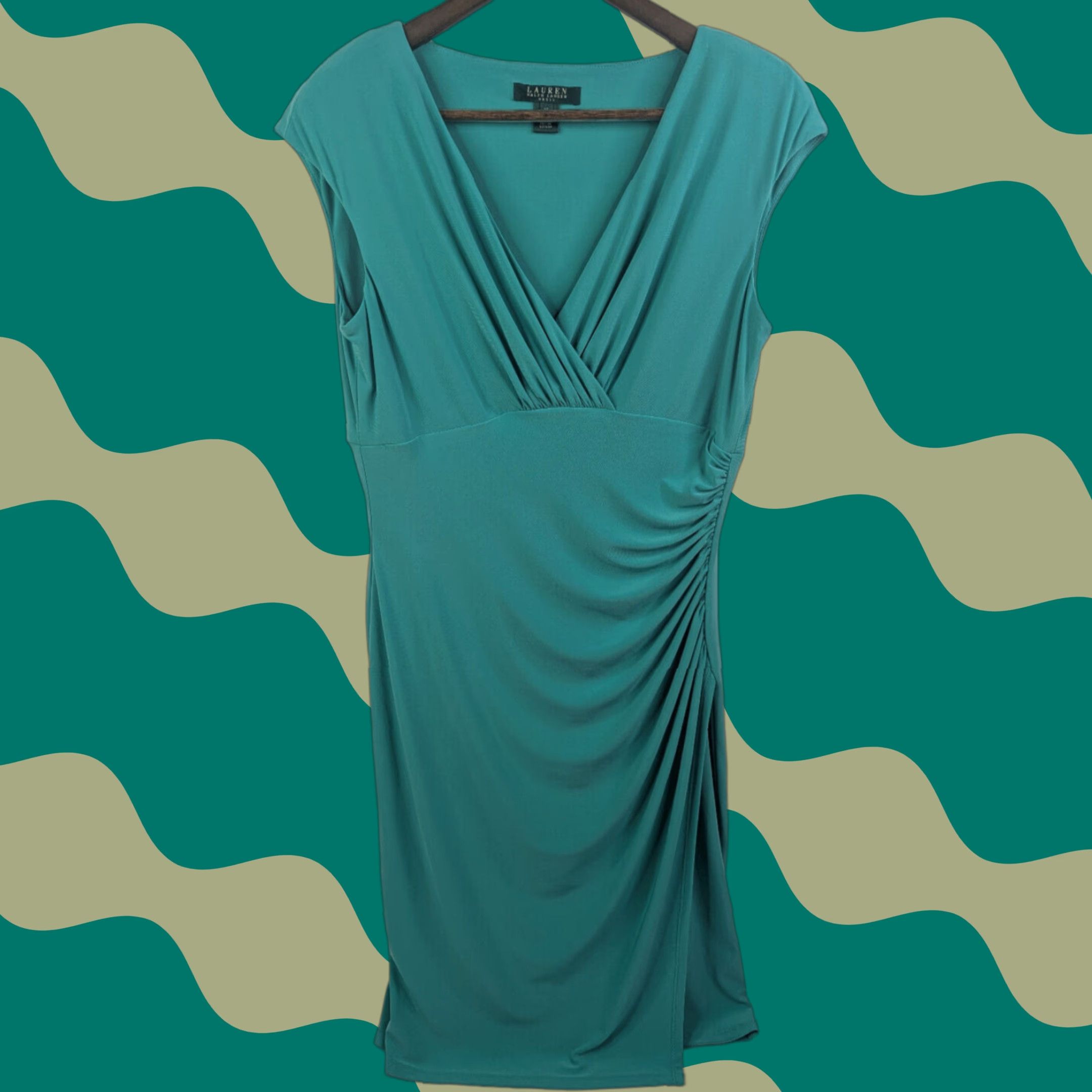 Ralph Lauren Lauren Ralph Lauren Sleeveless Dress Womens Sz 10 Green Ruched Pleated Faux Wrap A-Line Dress Size L / US 10 / IT 46 - 1 Thumbnail