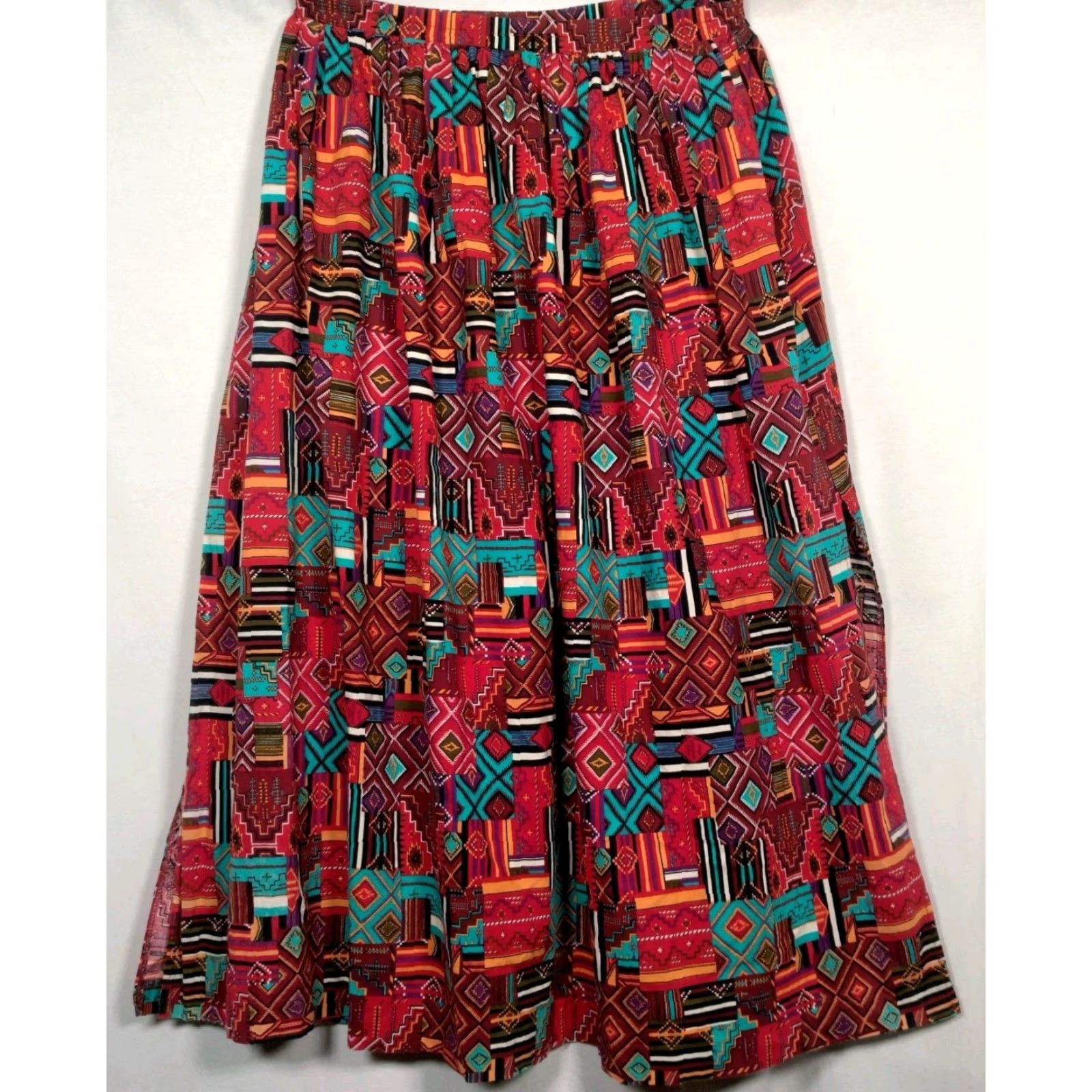 Native McCalls Skirt S Long Maxi Southwestern Native Patchwork Geometric Multicolor Cotton Woven Pocket Slits Casual Womens Size 28" / US 6 / IT 42 - 3 Thumbnail