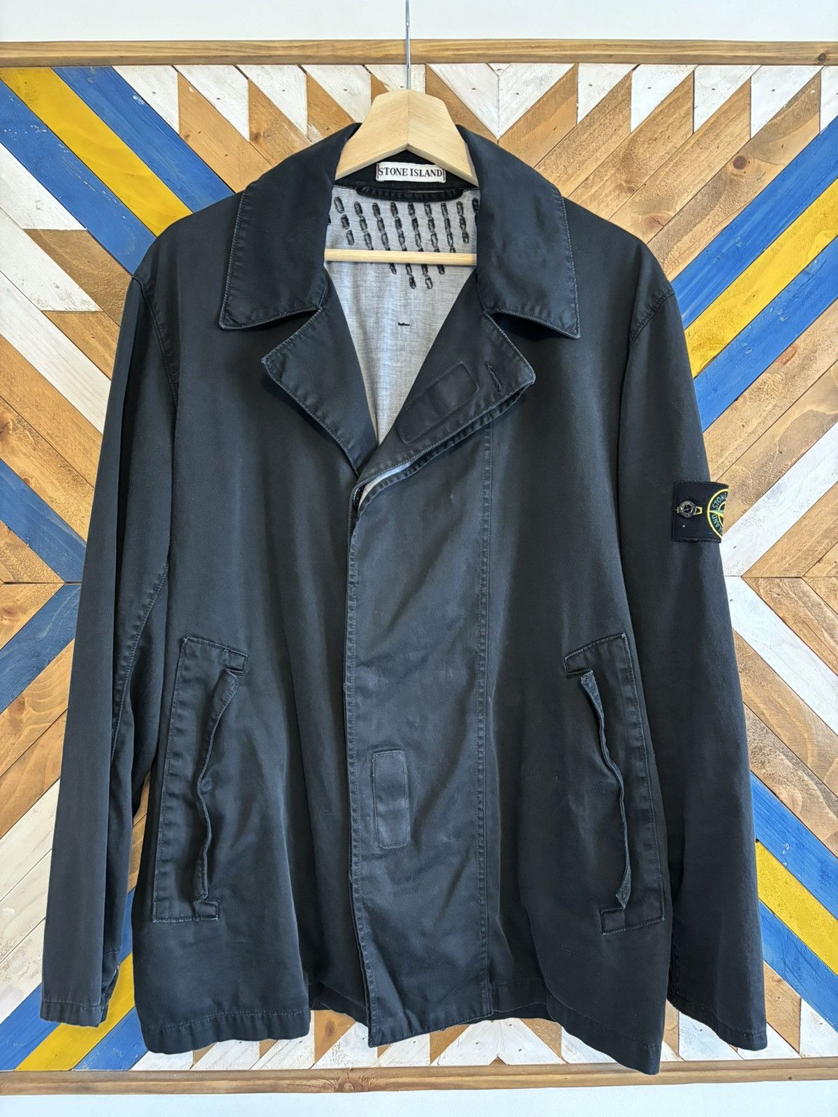 image of Stone Island Vintage Raso Gommato Trench Jacket in Black, Men's (Size Medium)
