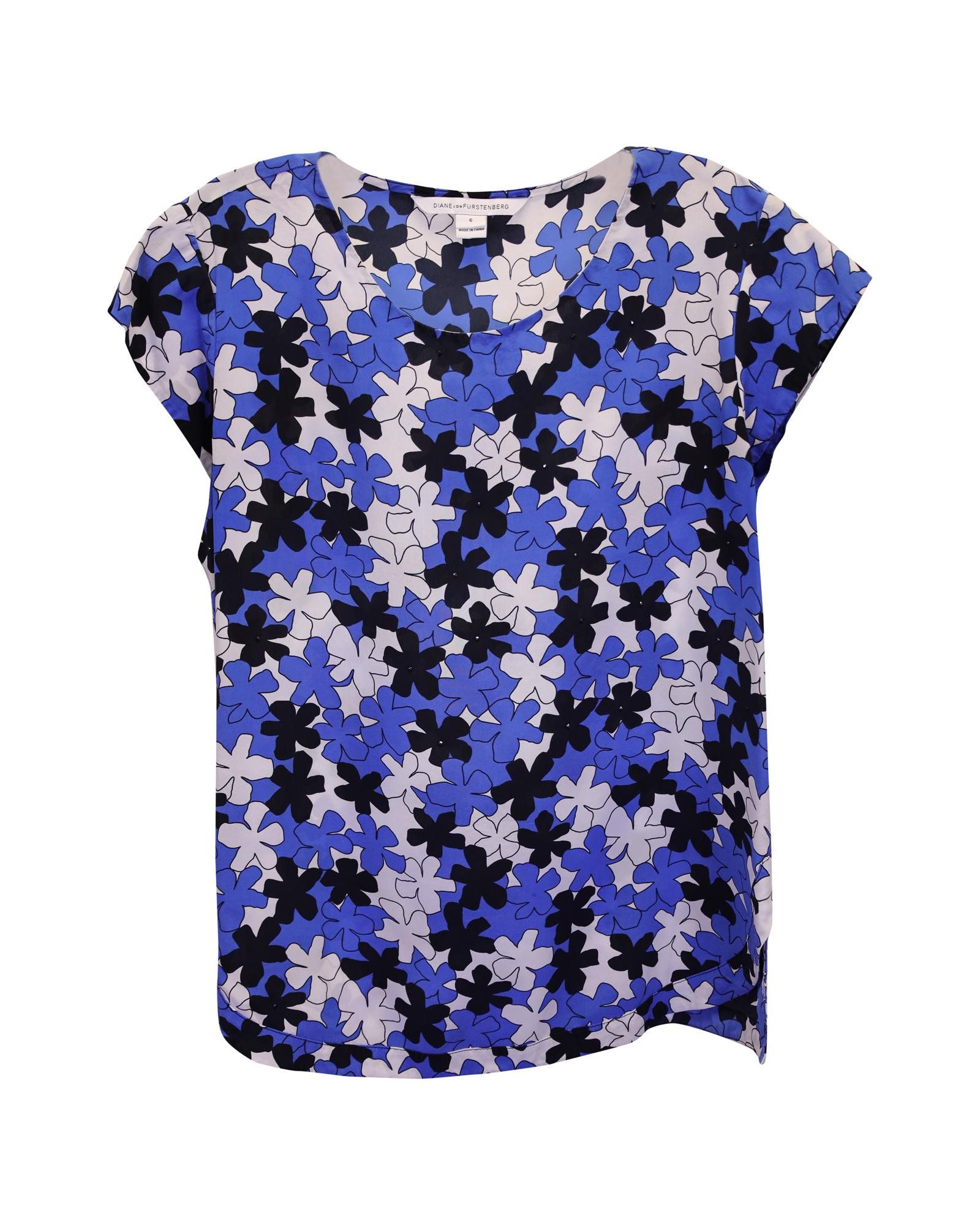 image of Diane Von Furstenberg Embellished Floral Silk Top With Cap Sleeves In Blue, Women's (Size Medium)