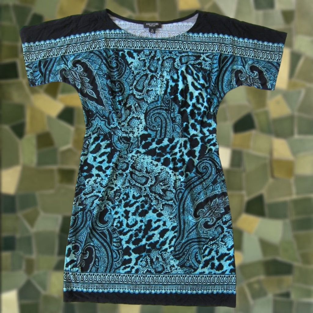 Vintage Perceptions New York Snake Print Stretch Sheath Tunic Dress 14 Black Blue Green Short Sleeve Round Neck Midi Dress Womens Size XL / US 12-14 / IT 48-50 - 1 Thumbnail