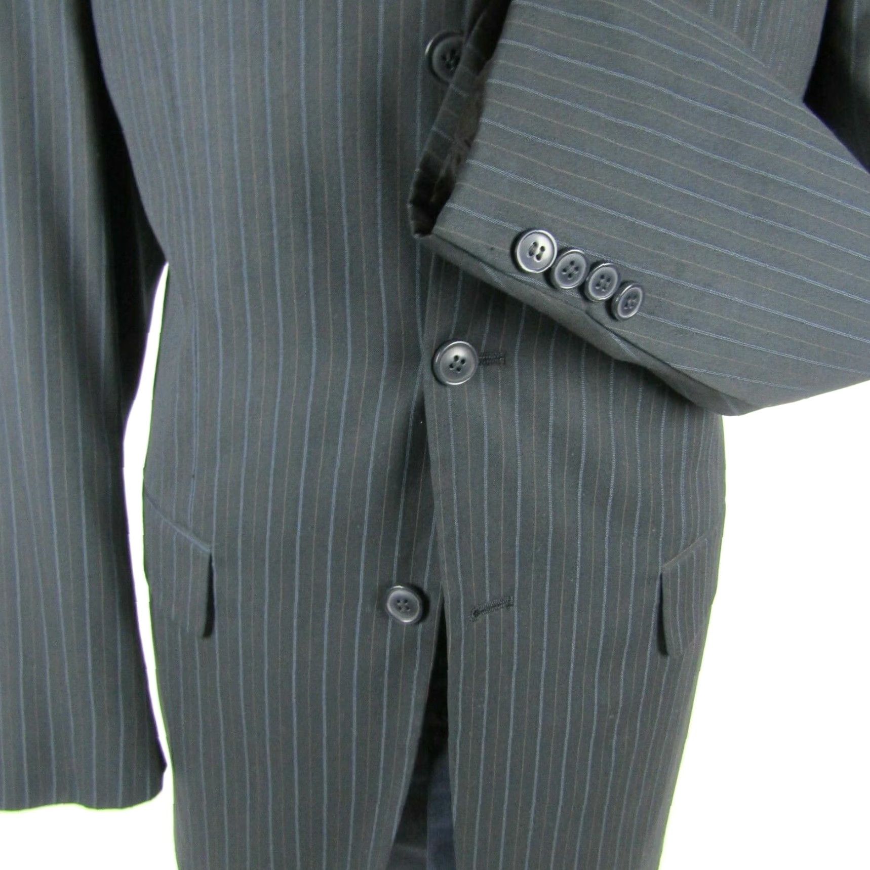 Vintage Angelo Rossi Blazer Mens 42 Charcoal Chalk Stripe Jacket Regular Classic Three Buttons Poly Blend Lining Full Dual Vent 3 Outer 4 Inner Mens Size 42R - 3 Thumbnail