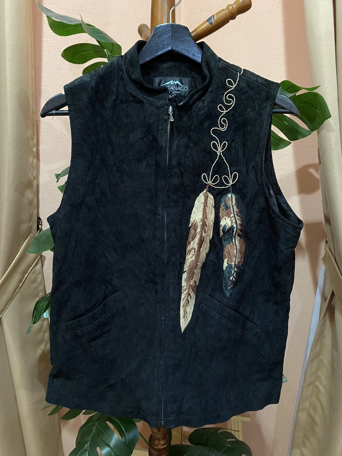 Vintage Montanaco Feather Embroidered Vest - Suede Style