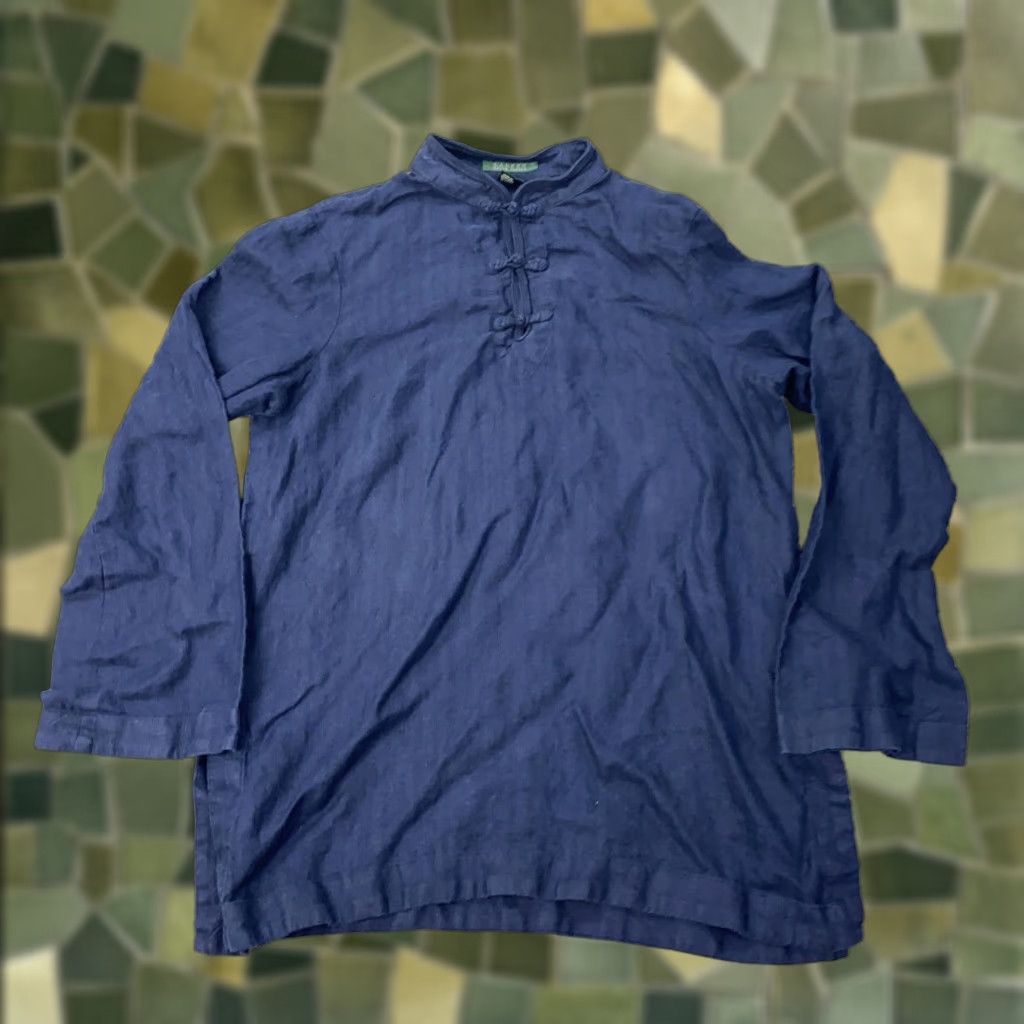 Ralph Lauren Lauren Ralph Lauren Blouse Womens Large Blue Linen High Neck Pullover Casual Asian-Inspired Size L / US 10 / IT 46 - 1 Thumbnail