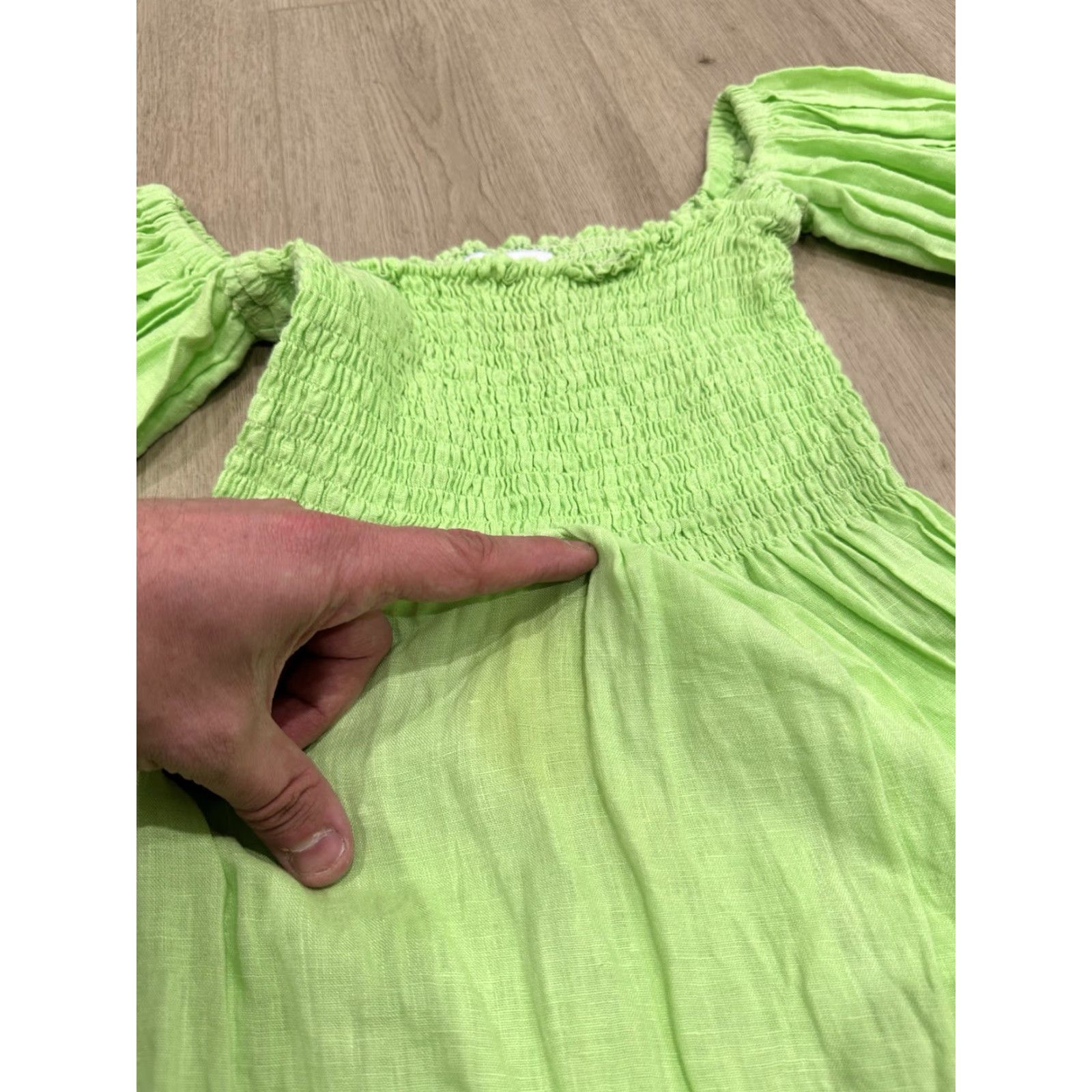 Sleeper Sleeper Dress Womens S Green Linen Smocked Midi Off the Shoulder Sleeper Size S / US 4 / IT 40 - 5 Thumbnail