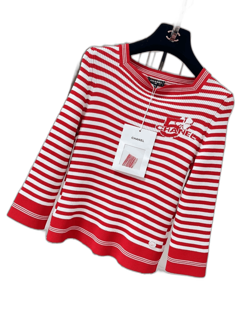 Chanel Chanel Red and White Striped Knit Top Size S / US 4 / IT 40 - 1 Thumbnail
