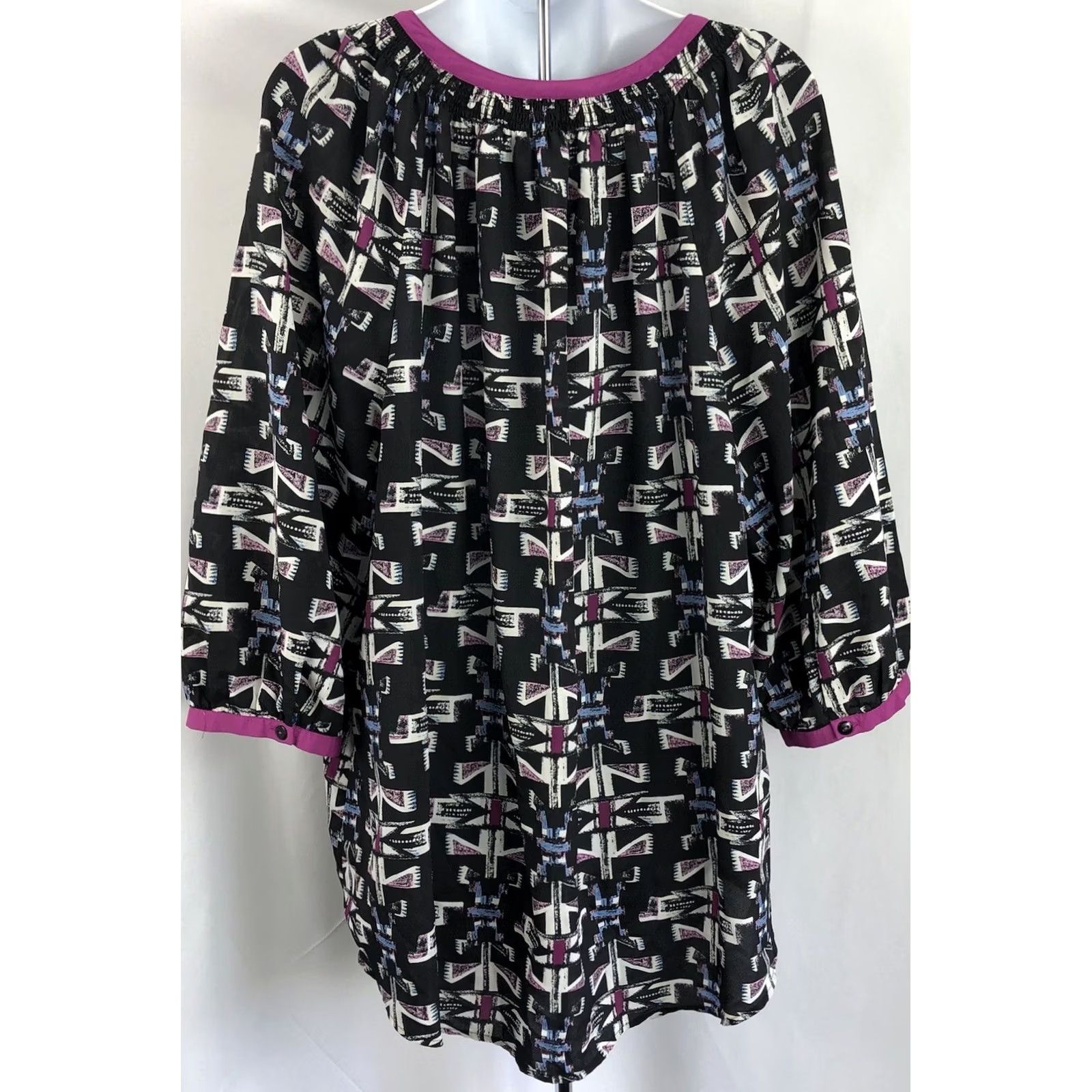 Vintage Daniel Rainn Geometric Tie 3/4 Sleeve Blouse 2X Black Purple Geometric Abstract Casual Women Shirt Size XXL / US 16-18 / IT 52-54 - 3 Thumbnail