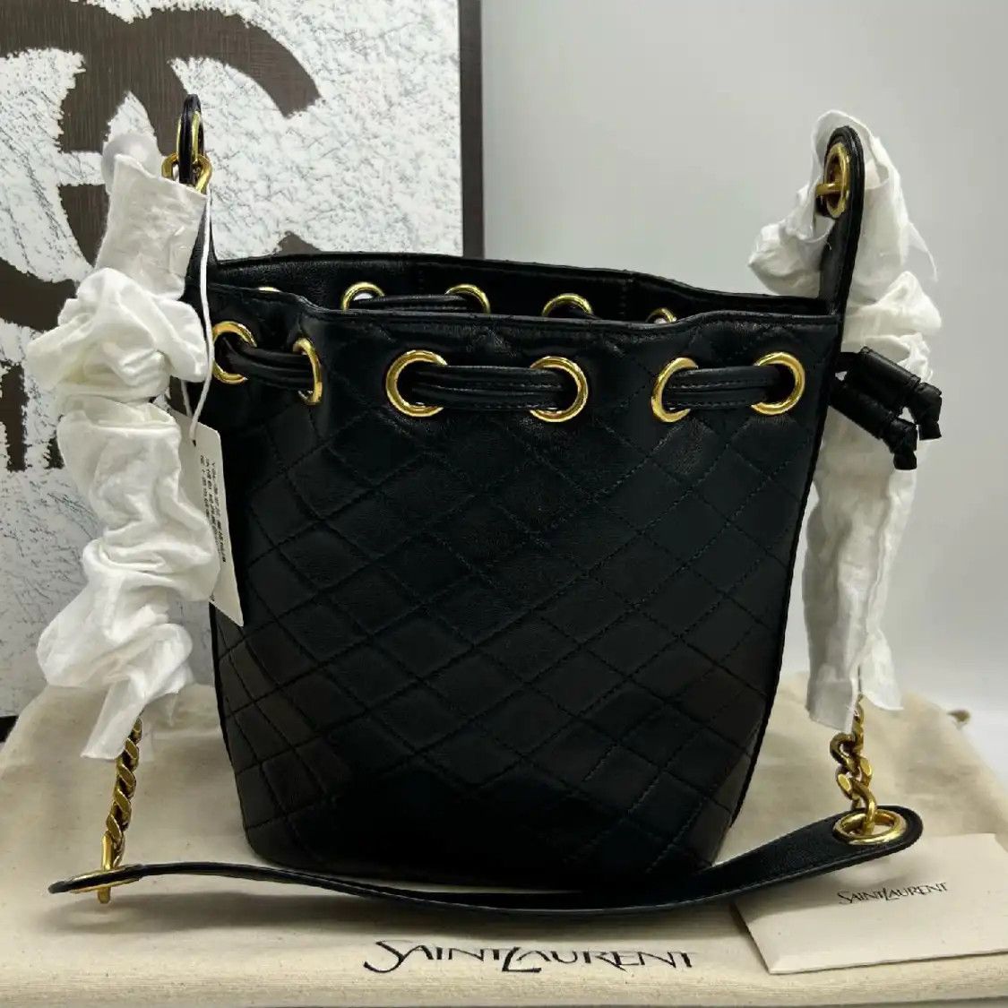 Saint Laurent Paris Ysl Cassandre Black Sheepskin Quilted Shoulder Bag, Women's